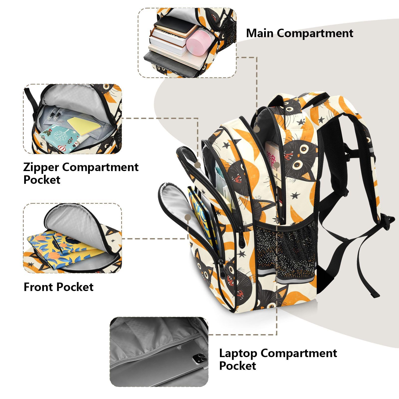 Mochila de viaje para niños y niñas, diseño de gatos negros con boca abierta