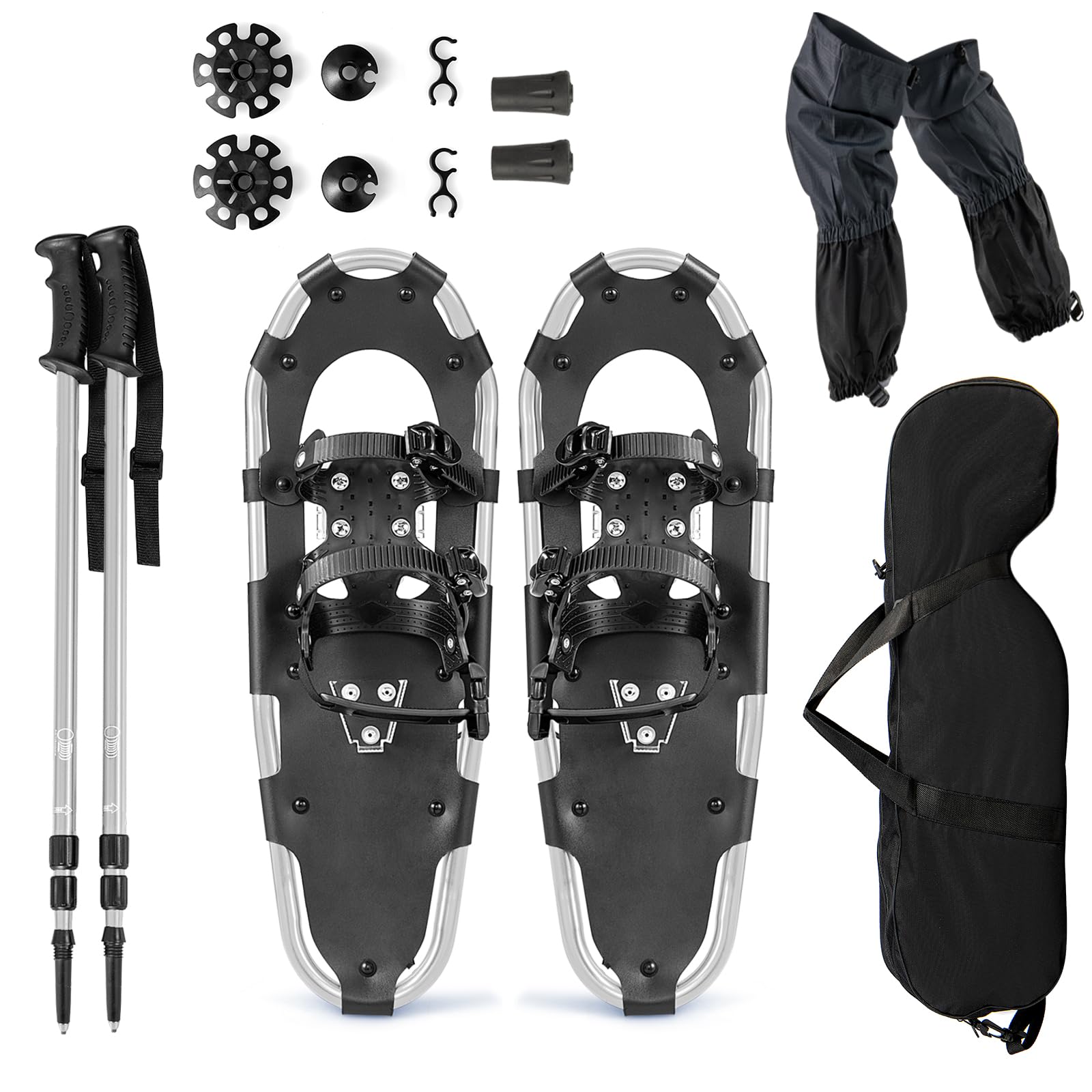 SOARS Kit di racchetta da neve 4 in 1, racchette da neve in alluminio con bastone da passeggio telescopico, borsa da stoccaggio, ghette impermeabili, per donne, uomini, bambini