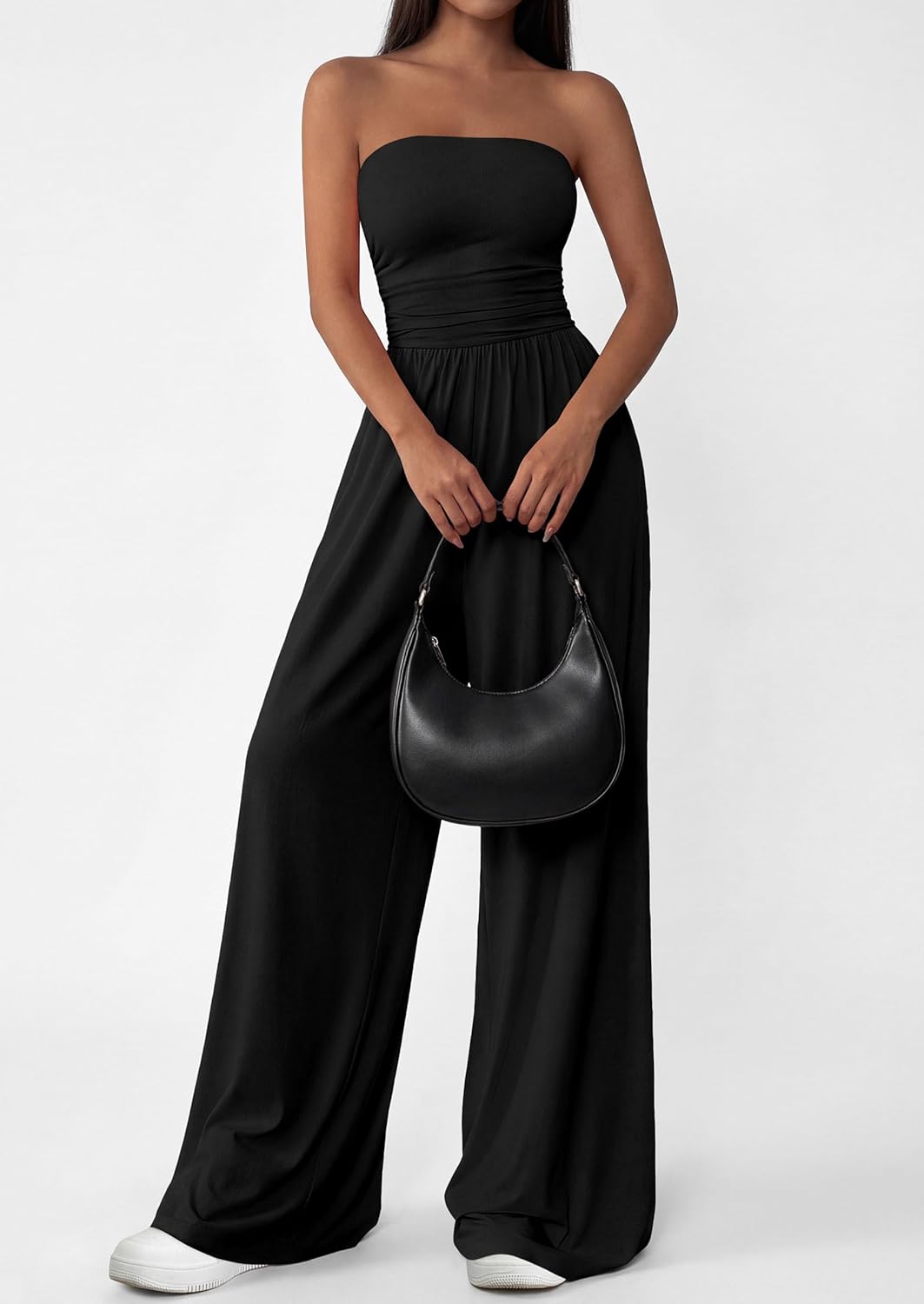 PRETTYGARDEN Womens Trendy Strapless Rompers 2026 Ruched Tube Top Wide Leg One Piece Jumpsuits Beach Vacation Summer Outfits - Image 5