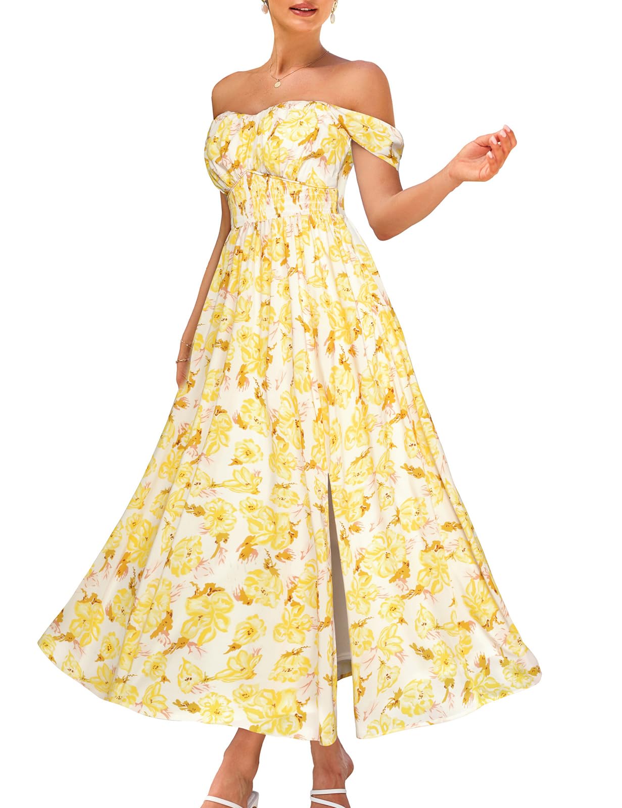 GRACE KARIN 2026 Women's Summer Floral Wedding Guest Dress,Beach Flowy A Line Maxi Off Shoulder Bridesmaid Dresses