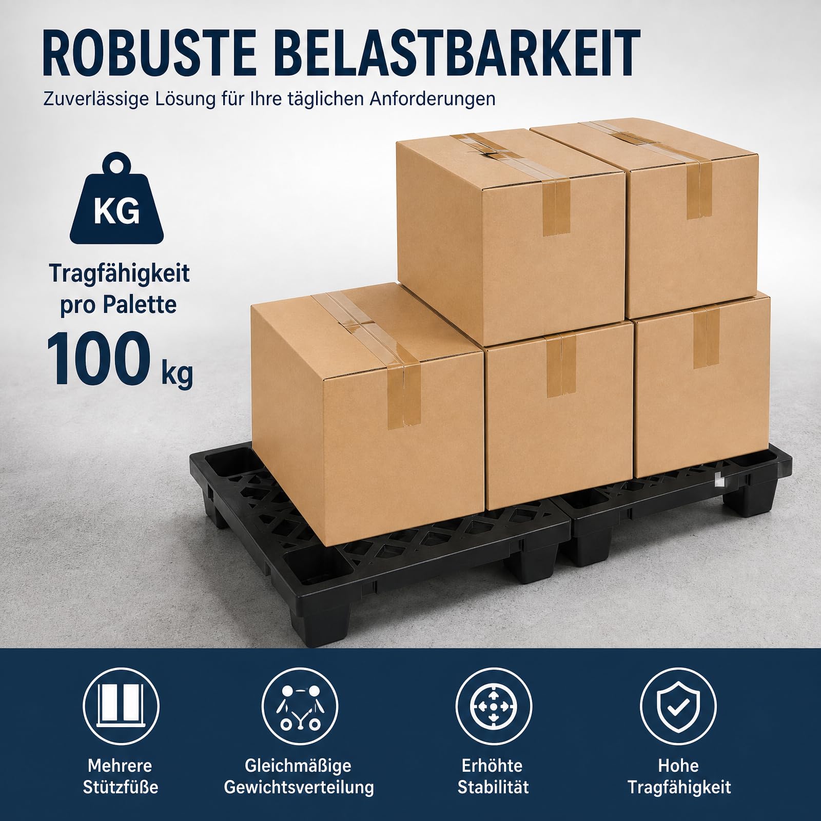 Juego de 6 paletas de plástico, 60 x 40 x 10 cm, paleta ligera con conexión | Capacidad de carga de 100 kg por palé, apilable y bloqueable, superficie antideslizante, pies para mayor estabilidad