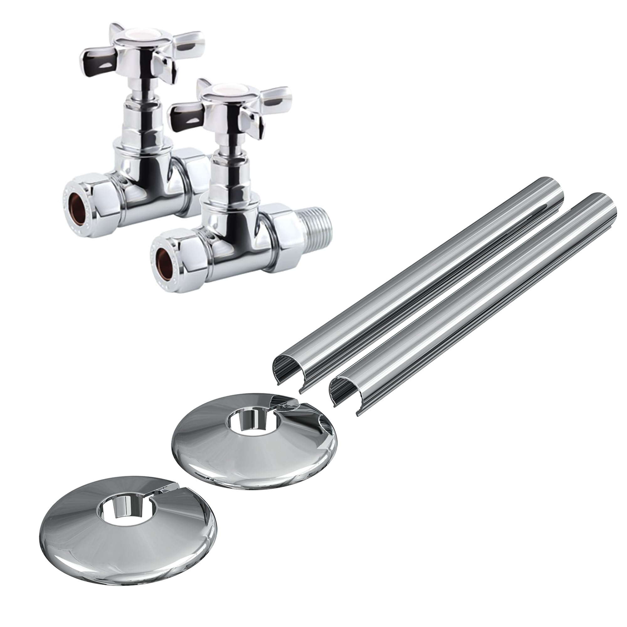 Manual Radiator Valve Crosshead Straight - 15mm x R 1/2" - Polished Chrome with Matching Clip-on Pipe Covers and Collars