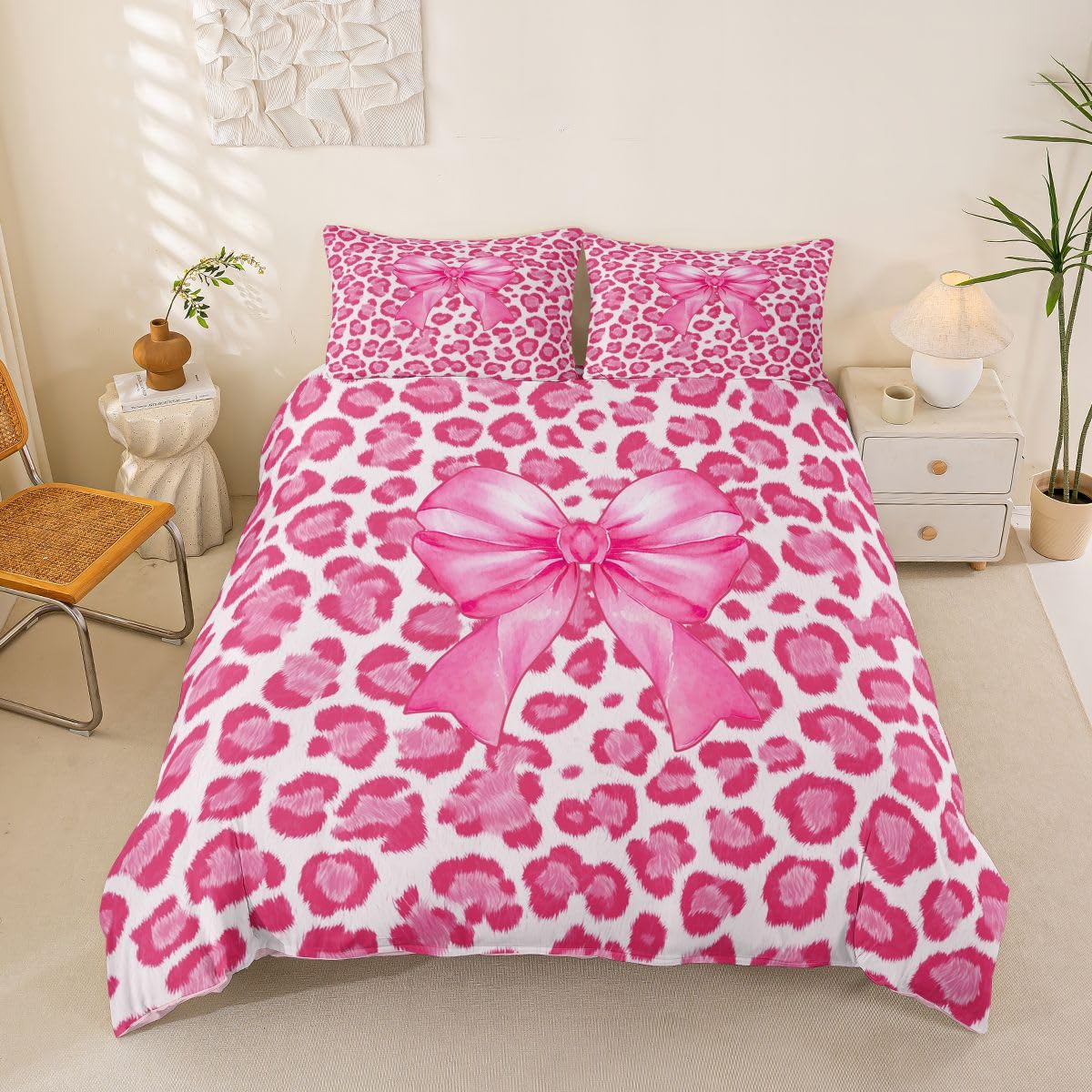 Parure de lit avec fermeture éclair 200x200 en microfibre douce rose et léopard