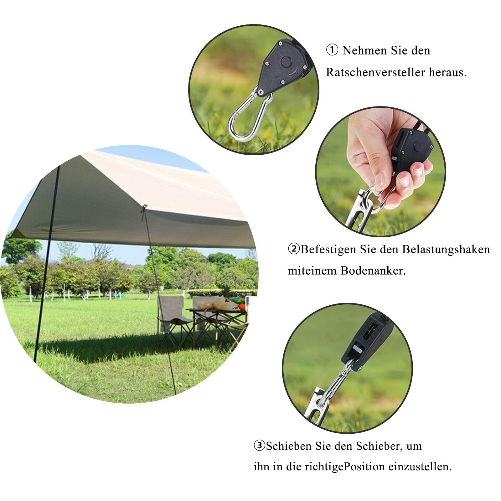 4 Pezzi Tendicorda Campeggio Set, 4M Corda per Tenda Riflettente, Corda da Campeggio con Regolatore del Tenditore, Leggera Corde a Cricchetto per Campeggio, Escursioni, Attività all'Aperto, Tende