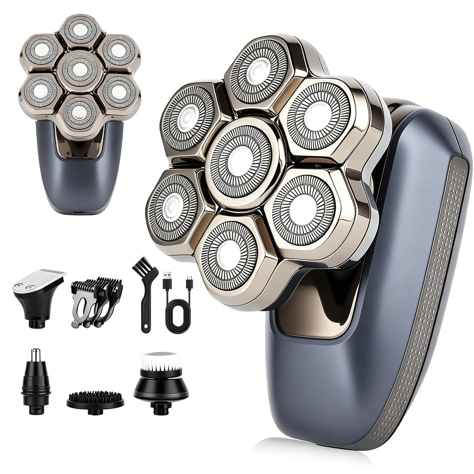 Kopfrasierer für Glatze, 7D Elektrischer Rotationsrasierer 5-in-1-Pflegeset mit Nasenhaarschneider, Kotelettenschneider & Gesichtsbürste, USB wiederaufladbar, nass & trocken, IPX6 wasserdichter