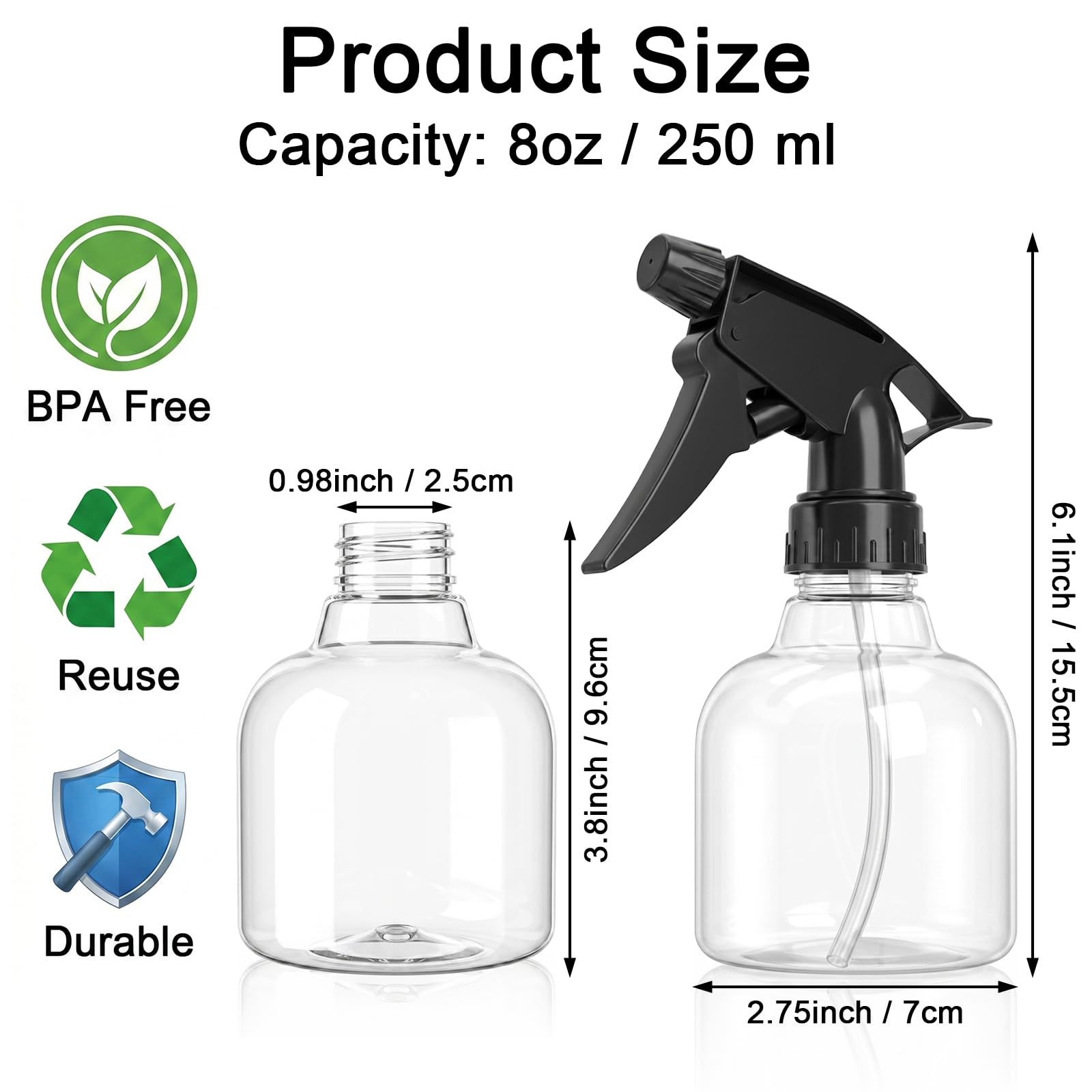 Lawei Lot de 12 Flacons vaporisateurs en verre transparent Bouteille de pulvérisation vide en plastique avec Déclencheur pour la maison de jardin - 250ml