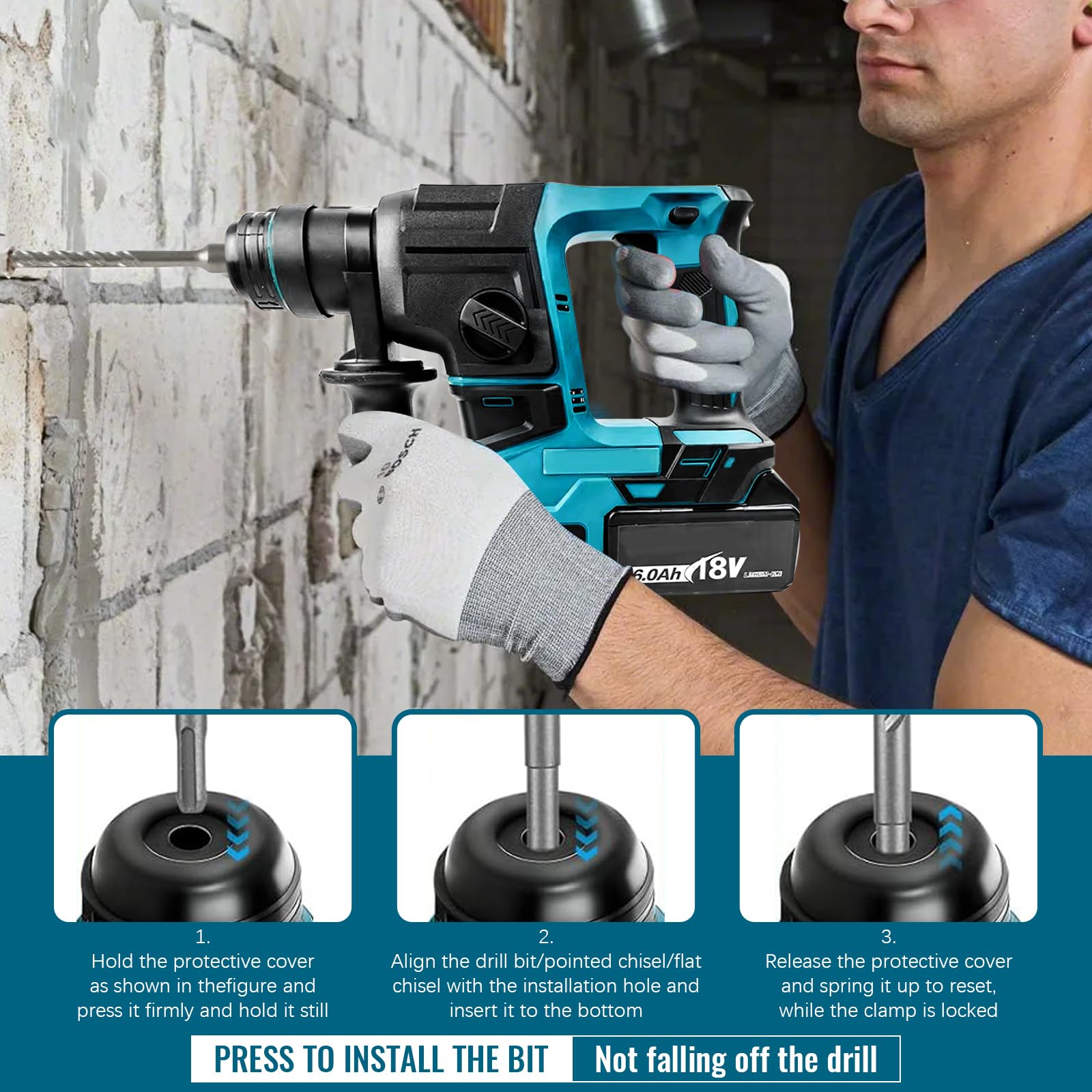 LIROPAU Martillo Perforador a Batería Compatible con Batería Makita 18V con 8 Brocas y Guantes, 2,2 J, 1400 U/min, 4200 bpm, SDS Plus Mandril para Uso Doméstico y Profesional (sin batería)