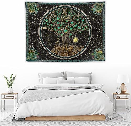 Miniatura 10 de Árbol de la vida, bohemio, sol, luna, naturaleza, lindo tapiz verde para pared, mandala espiritual, chakras, grunge, tapices para colgar en la pared