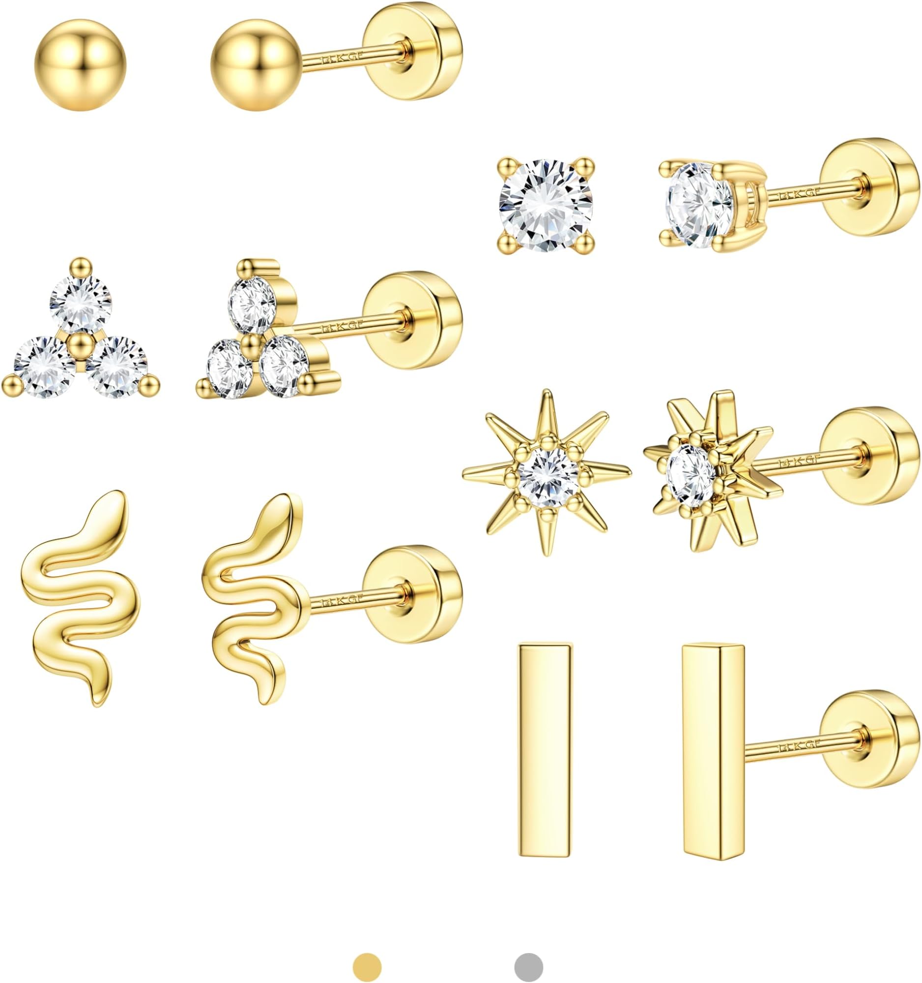 LOLIAS Dainty Hypoallergenic Flat Back Stud Earrings for Women Trendy | 14K Gold Plated Cartilage Earring Helix Conch Tragus Piercing Jewelry | Small Surgical Stainless Steel Earring Sets 20G