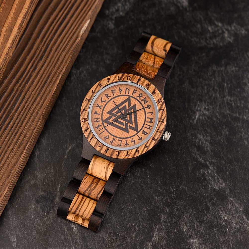 YCYR - Orologio da uomo in legno, stile nordico, con runa vichinga, vintage, al quarzo, unisex, regolabile, in legno, idea regalo, colore: nero