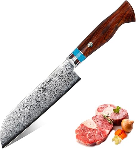 MSY BIGSUNNY Santoku Cuchillo 67 capas de acero Damasco Hoja de 6.6 pulgadas Cuchillos de corte hechos a mano resistentes a las manchas y a la