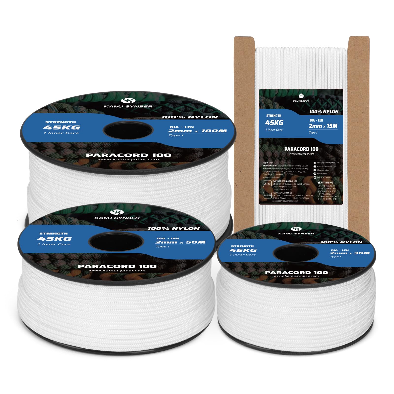 Kamu Synber 2mm Paracord 30M 100% Nylon Rope 1 Strand Type I Parachute Cord for Crafting, Outdoor, DIY, Camping | Support 45kg | White