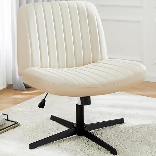 DUMOS Silla de oficina con patas cruzadas, asiento de escritorio ancho sin brazos para oficina en casa, sin ruedas, moderno, giratorio, ajustable,
