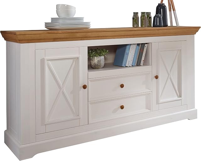 Woodroom Sideboard Chest of Drawers, Wood Pine, White, breit
