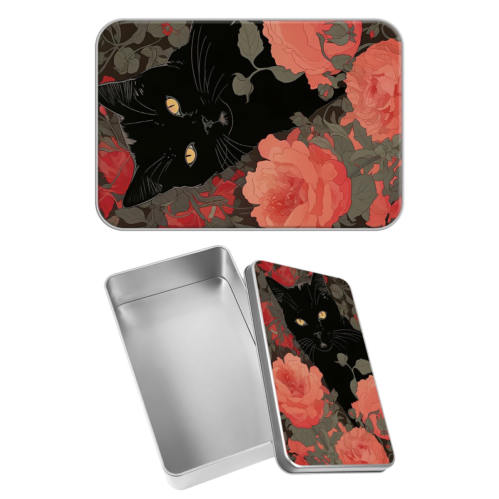 Rectangular Metal Tin Box with Removable Lid, Garden Black Cat Decorative Printed Metal Storage Container for Jewelry Pen Eraser Pill Candy Craft 4.9 x 3.54 x 1.57 inch– Single Pack