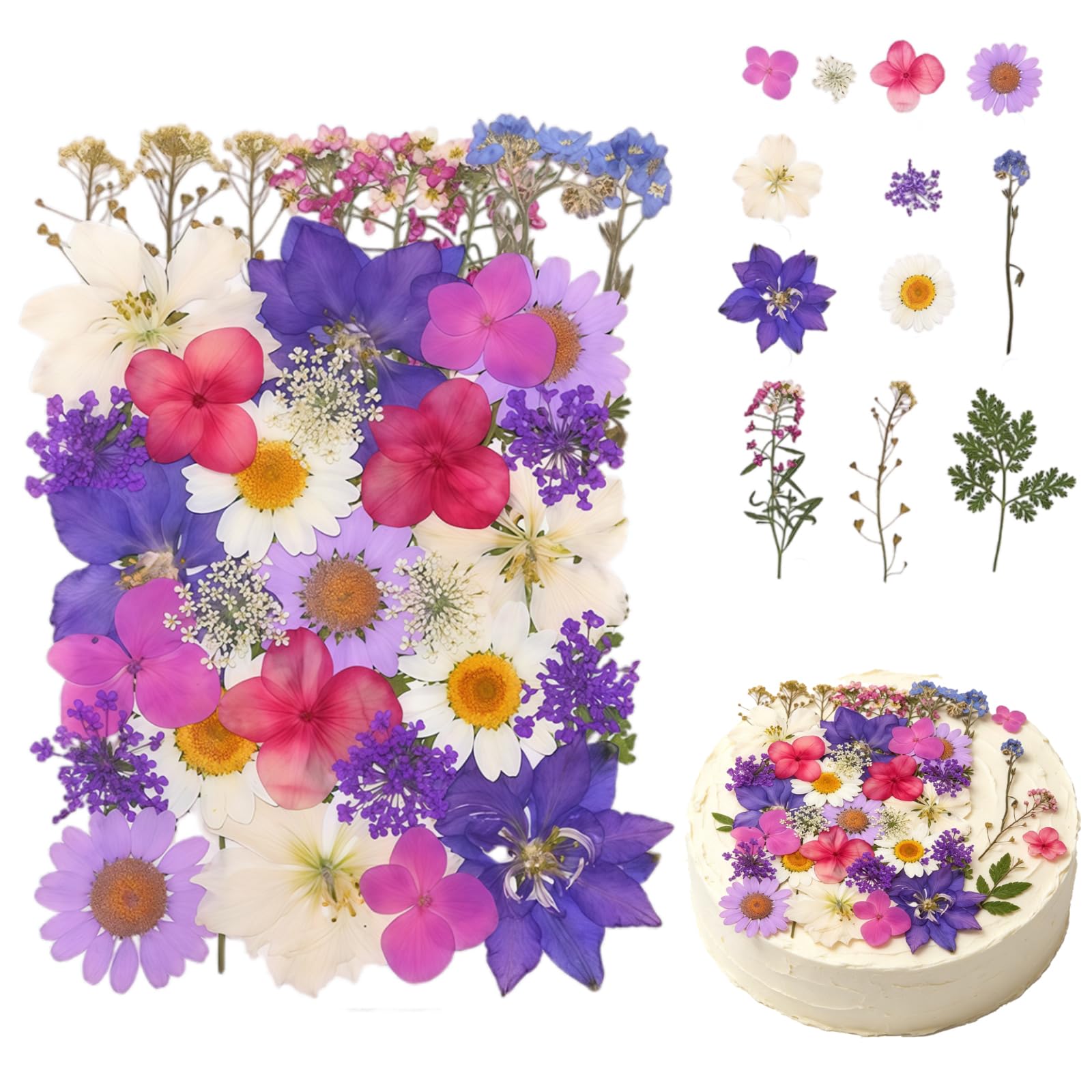 40Pcs Dried Flowers for Cake, Purple Flower Cake Toppers, Flower Cake Decorations for Birthday, Wedding, DIY Baking Supplies