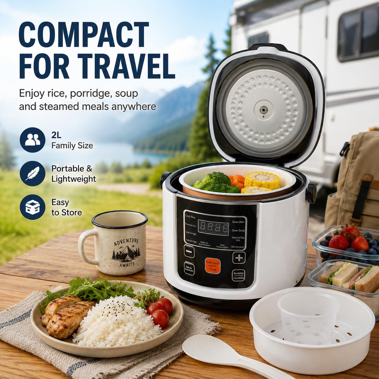 Respicefinem Mini Cuociriso Elettrico 2L Piccolo Cuociriso Elettrico Con Funzione Mantiene In Caldo Per Viaggi, Campeggio E Uso Domestico Adatto Per 2 A 4 Persone 24V (24 V)