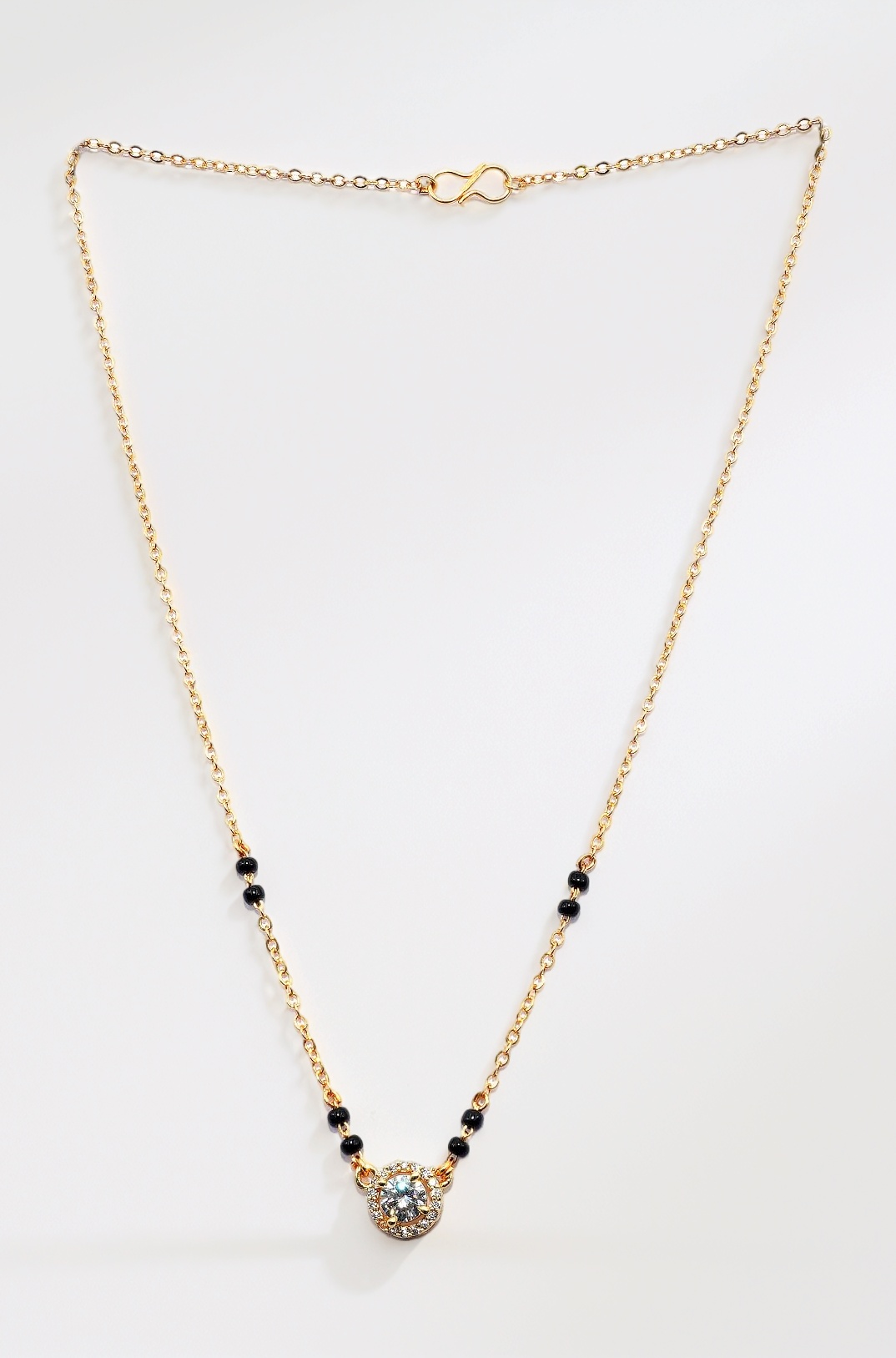 JHB AD Diamond Boll Pendant Black Beads Chain Short Mangalsutra For Women's