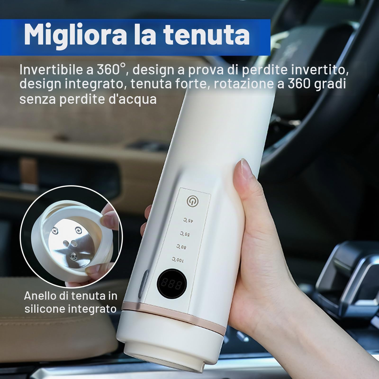 Bollitore da viaggio, 500 ml, bollitore da viaggio, 12 V/24 V, per auto, 96 W, tazza riscaldata per auto, 4 temperature per campeggio, preparazione di tè, caffè