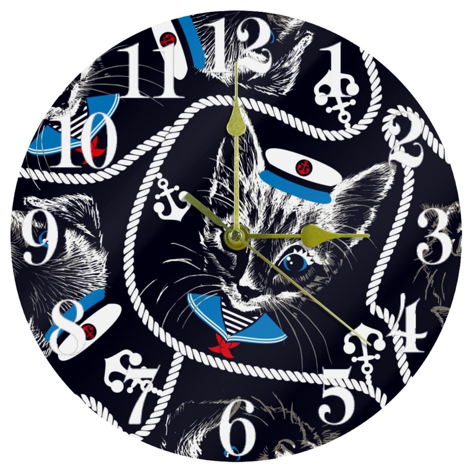 Horloge murale silencieuse à piles chat de marin pour espace de travail sans bruit