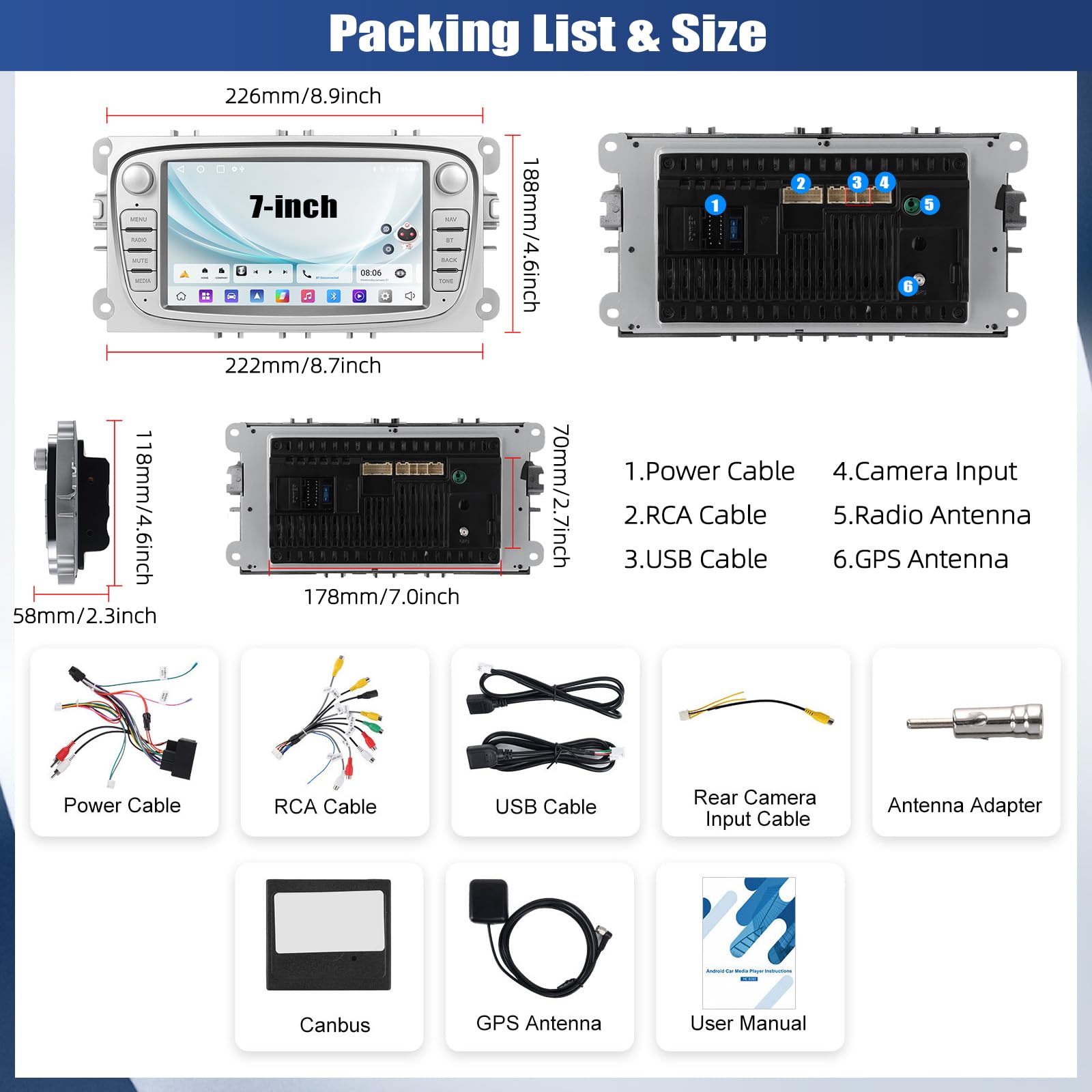 SIXWIN Radio samochodowe 2 + 64 G Android 13 do Ford Focus MK2 Mondeo Cmax Galaxy Smax Kuga z Carplay/Android Auto,7" ekran dotykowy z GPS, WiFi, Bluetooth, RDS FM (srebrne)