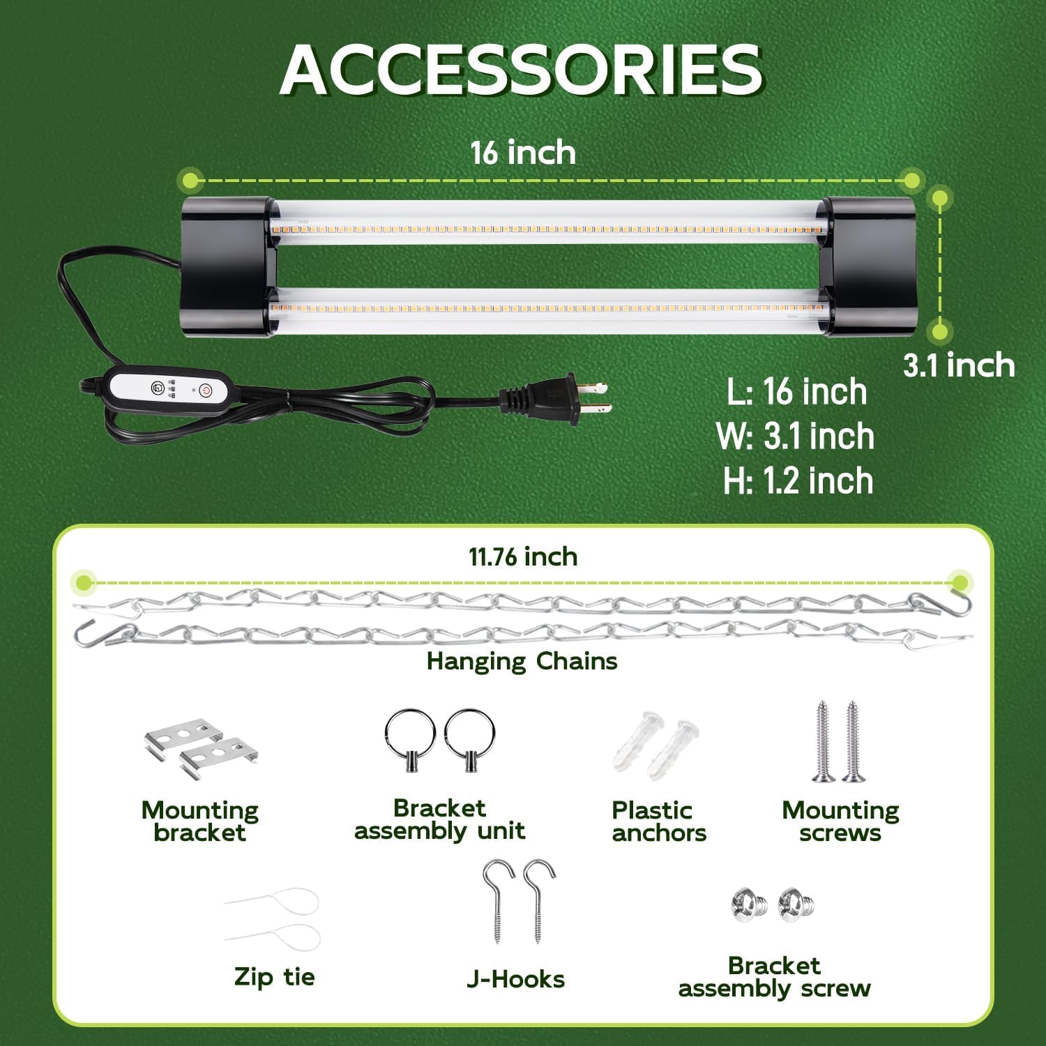 Hlite - Confezione da 2 luci a LED da 40,6 cm, luci da coltivazione collegabili per piante da interno, design a spina e sospensione con timer di accensione/spegnimento automatico, luce