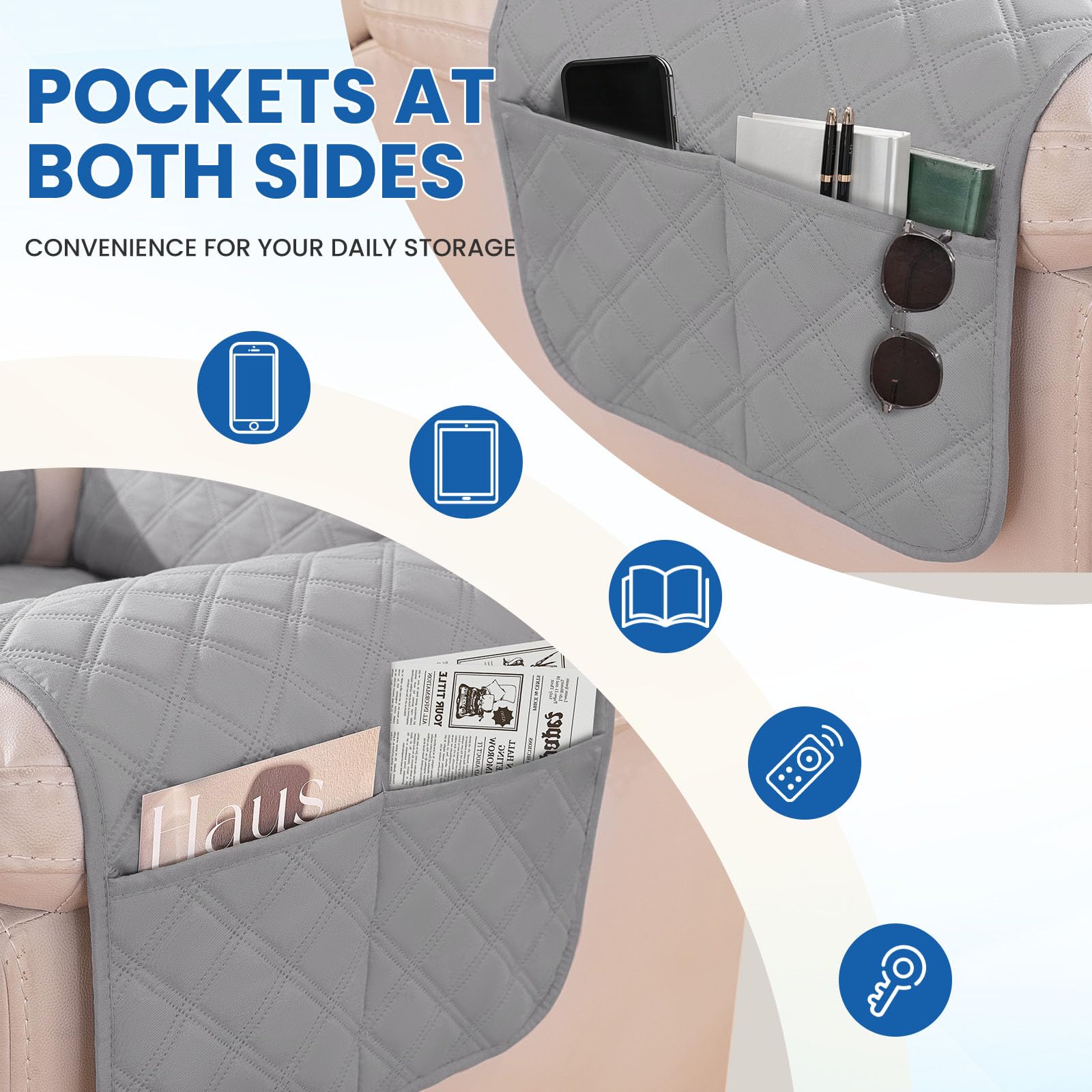 Housse Fauteuil Relax 1 Place Étanche Inclinable Antidérapant avec Poches Latérales Lavable Gris Clair