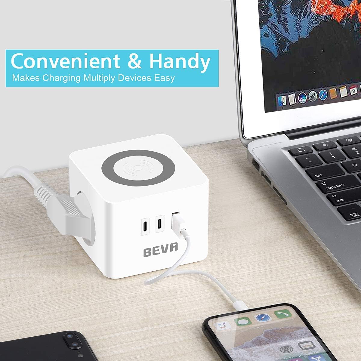 Socket Cube, BEVA Cube Kostka z 2 gniazdami +2 USB C+1 USB-A, z funkcją ładowania bezprzewodowego, ładowarka do telefonu komórkowego, w podróży, gospodarstwie domowym i biurze, biała