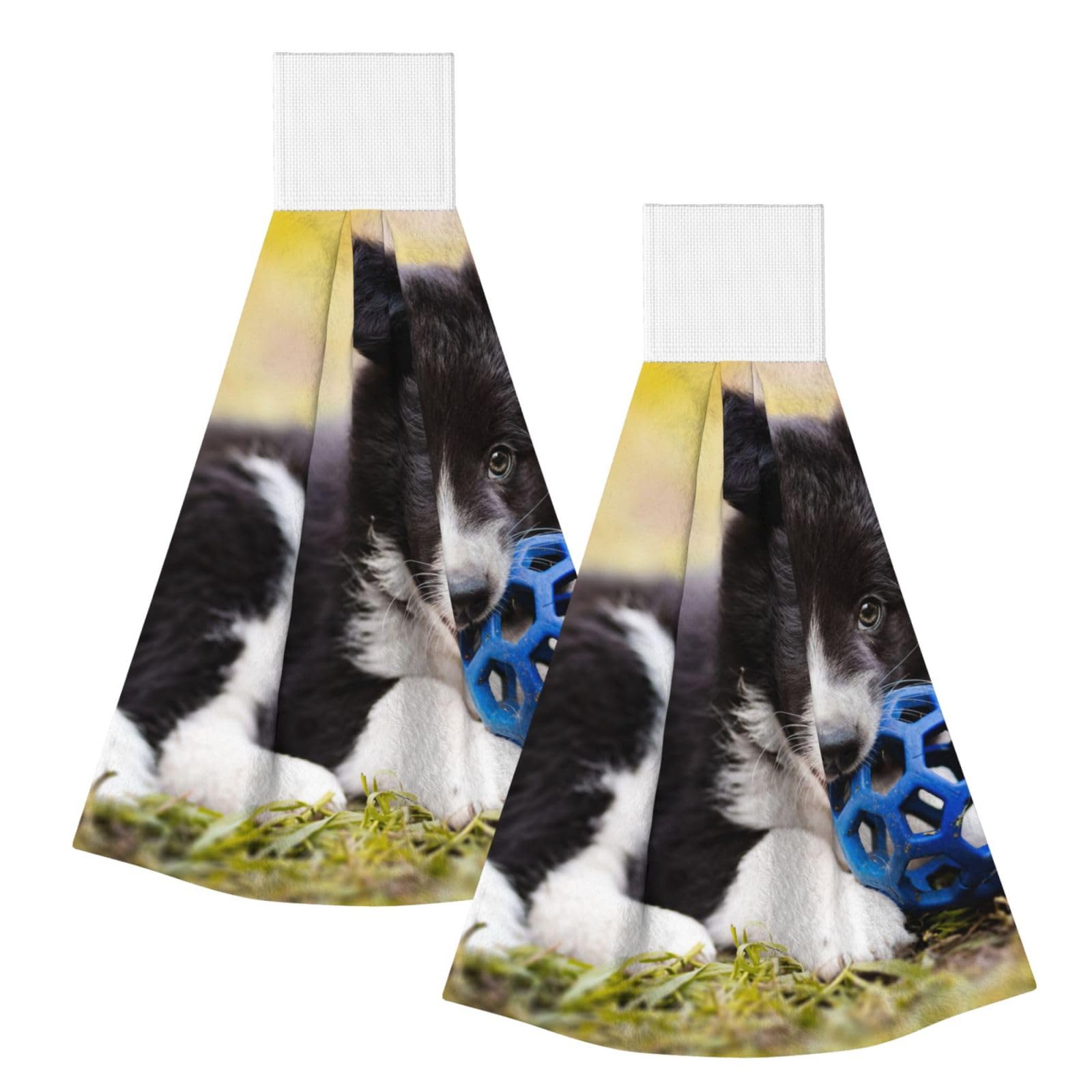 DOPKLNA Border Collie Dogs Puppy Pets Black Border, 2 Pcs Hanging Coral Fiber Hand Towels for Bathroom, Absorbent Kitchen Towels