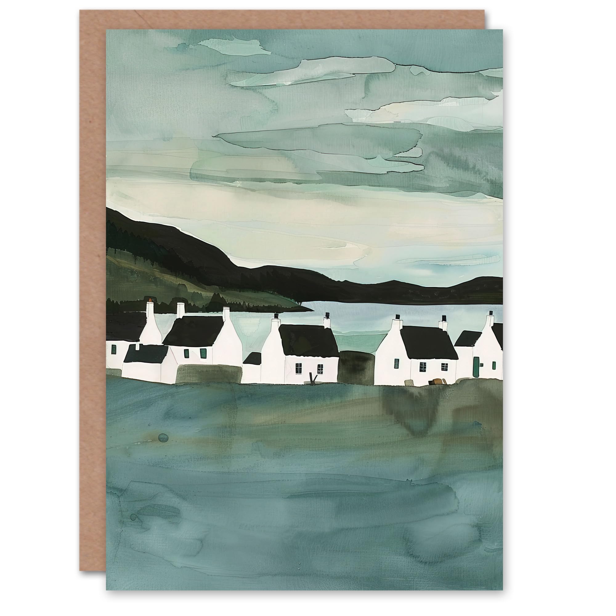 Artery8 Greeting Card Fisherman Cottages Scotland Seaside Watercolour Blank For Him Or Her Art Birthday Card