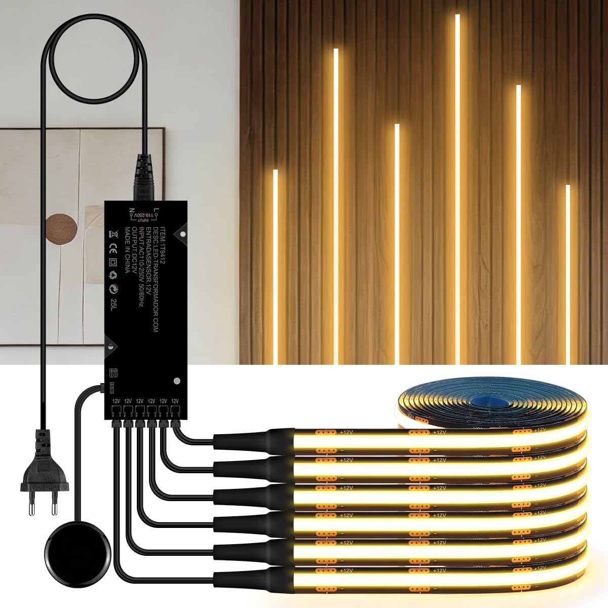 Oświetlenie szafek Taśma LED COB 6 w 1 z funkcją ściemniania Penetrująca taśma LED z dotykowym przełącznikiem 1 m Ciepła biel 12 V Panele akustyczne LED z przełącznikiem ręcznym,6er,3M