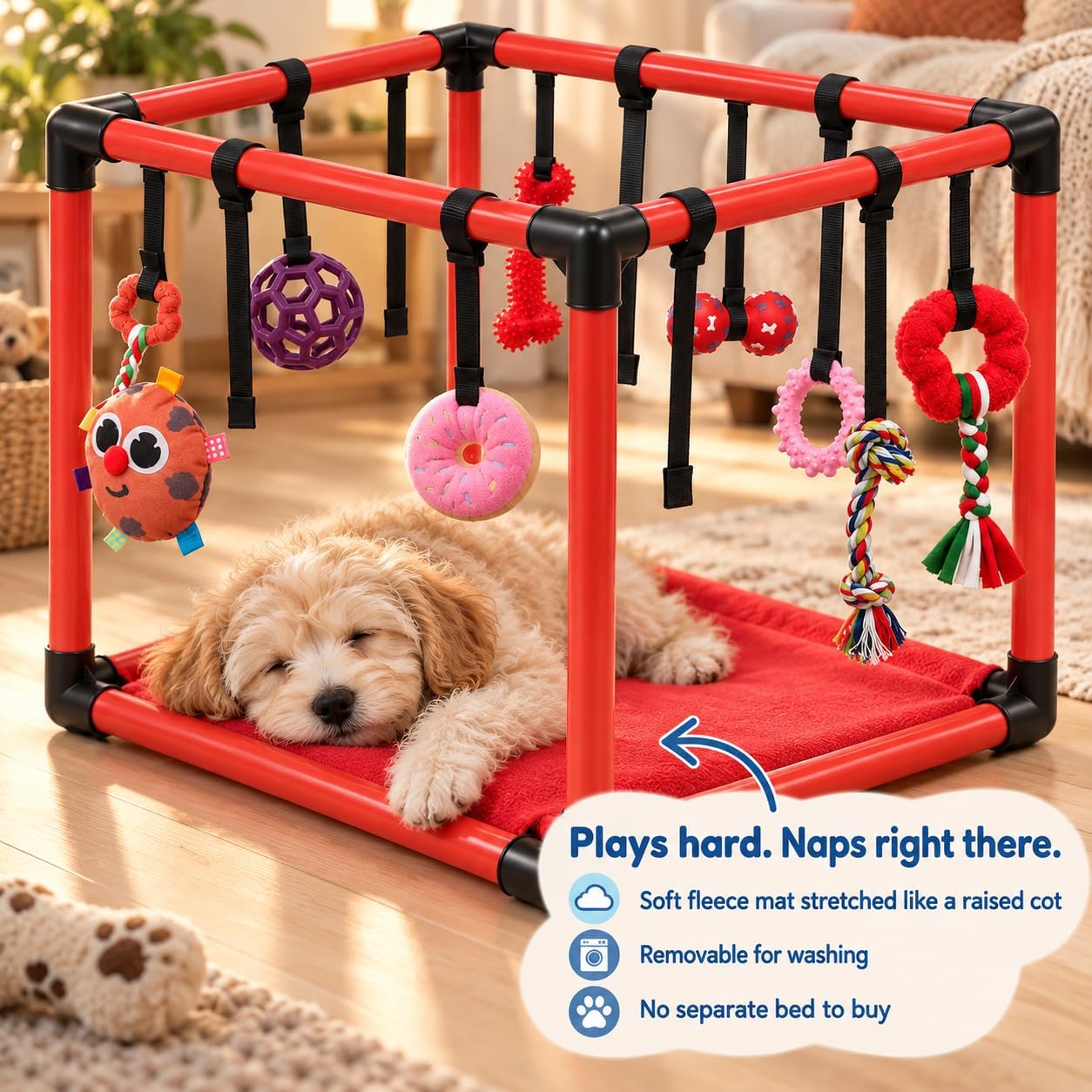  Puppy Play Gym with 8 Hanging Toys & Fleece Mat Bed (Cherry) thumbnail