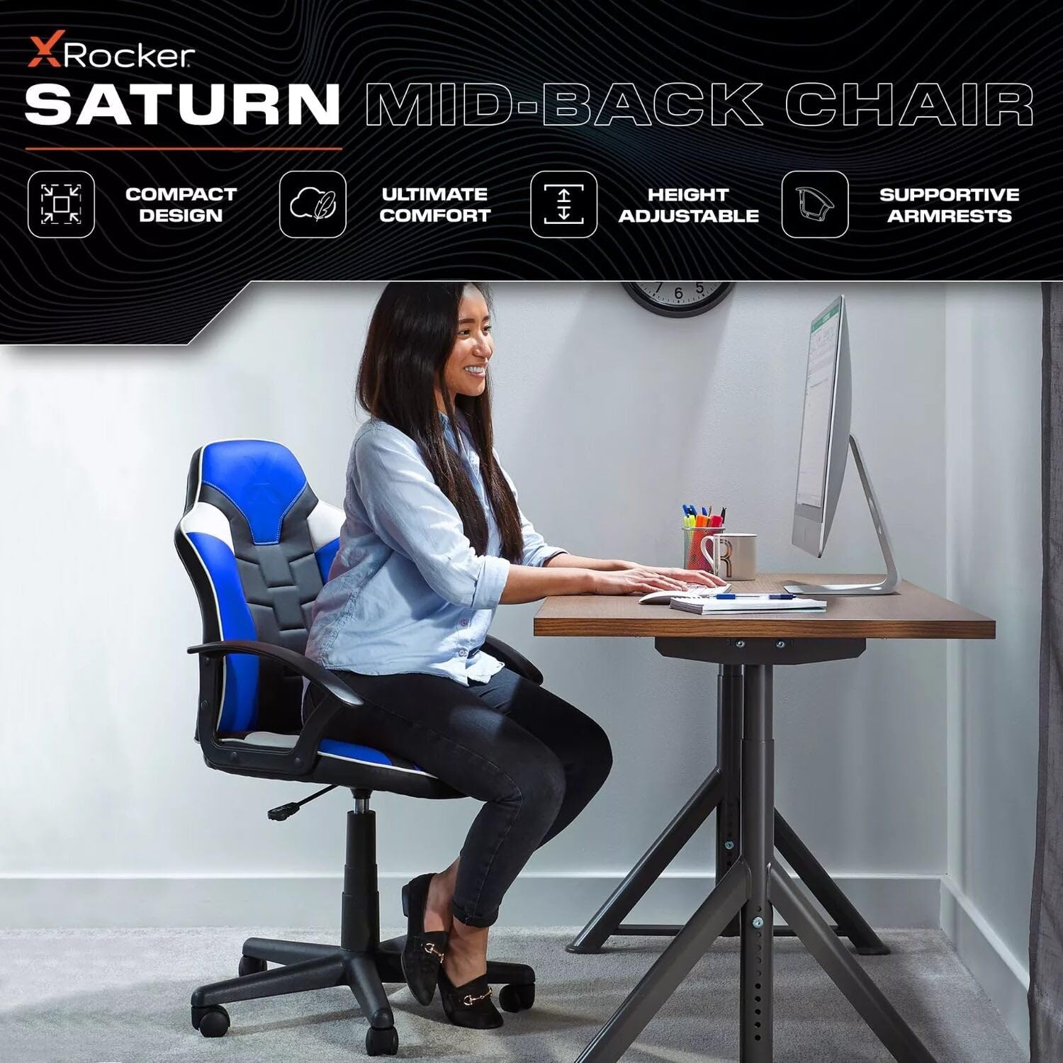 X-Rocker Saturn Sedia Da Gaming Ergonomica Per Ragazzi E Adolescenti | Schienale Medio, Braccioli, Altezza Regolabile | Rivestita In Ecopelle | Fino A 100kg