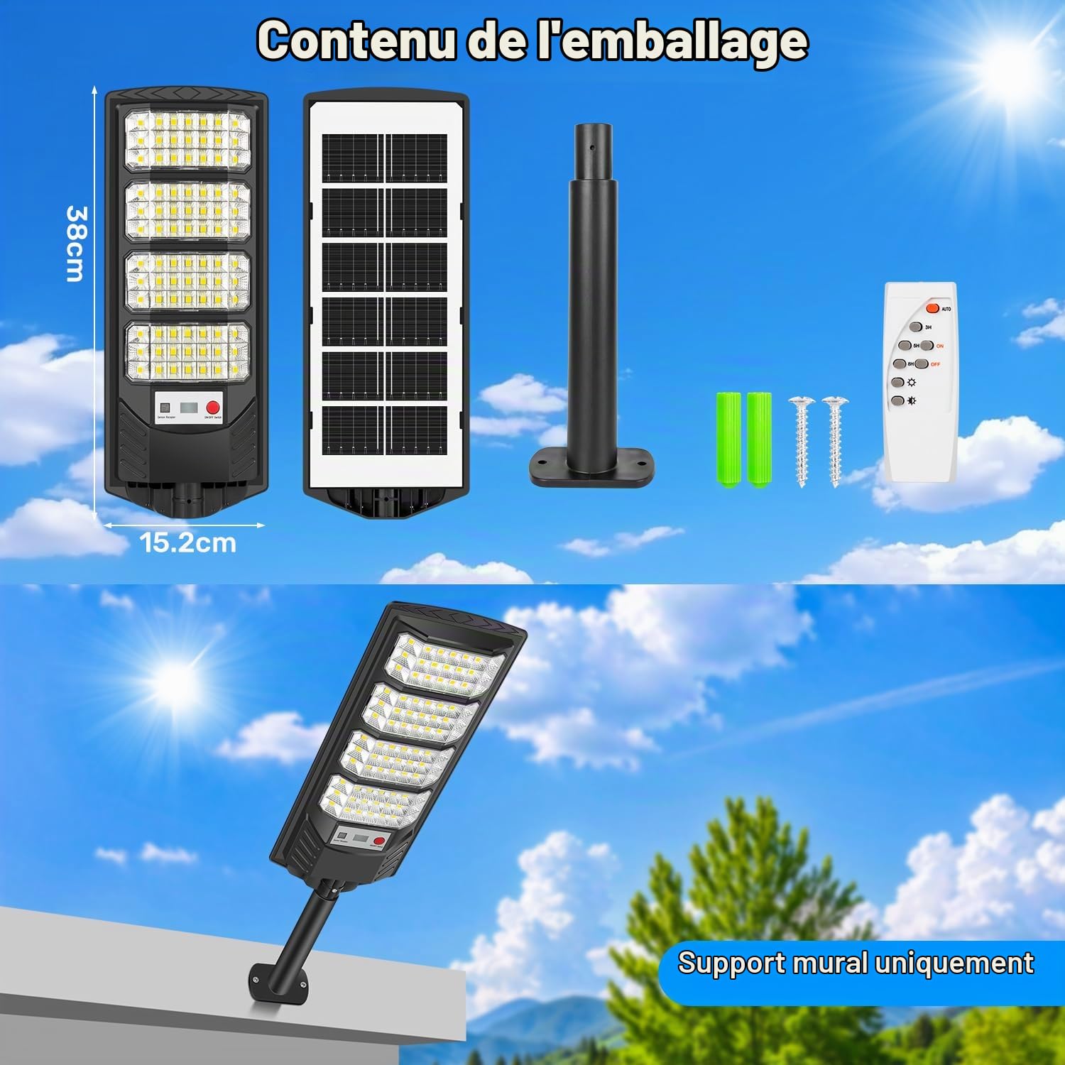 600W Lampadaires solaires extérieurs, Projecteur LED solaire 6500K, IP66 étanche eclairage solaire avec détecteur de mouvement et télécommande, lumières de sécurité lampadaire de jardin garage