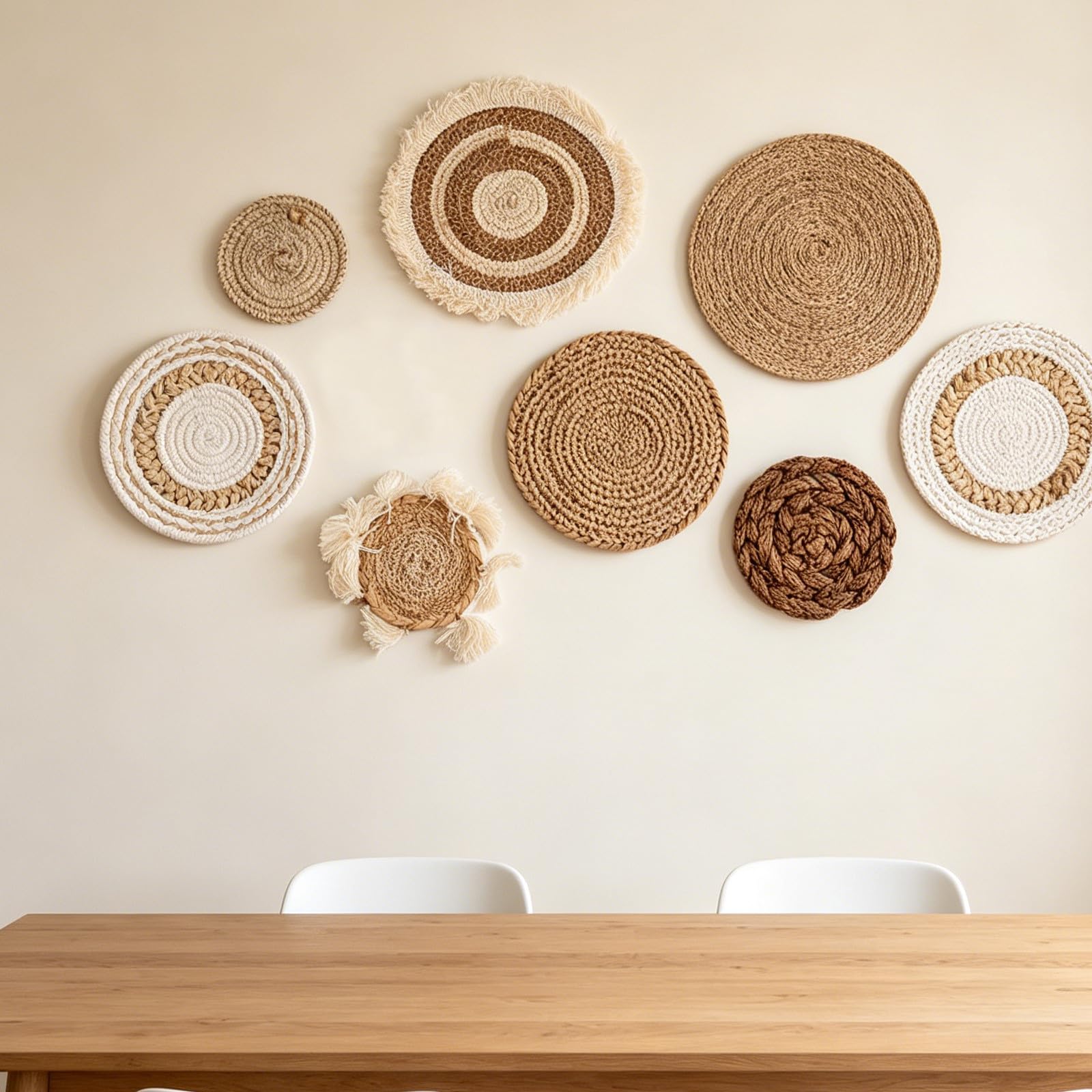 STOBAZA 7 Piezas Decoración de Pared Circular Boho Hecha a Mano de Ratán Beige para Sala de Estar Estilo Farmhouse Rústico y Bohemio