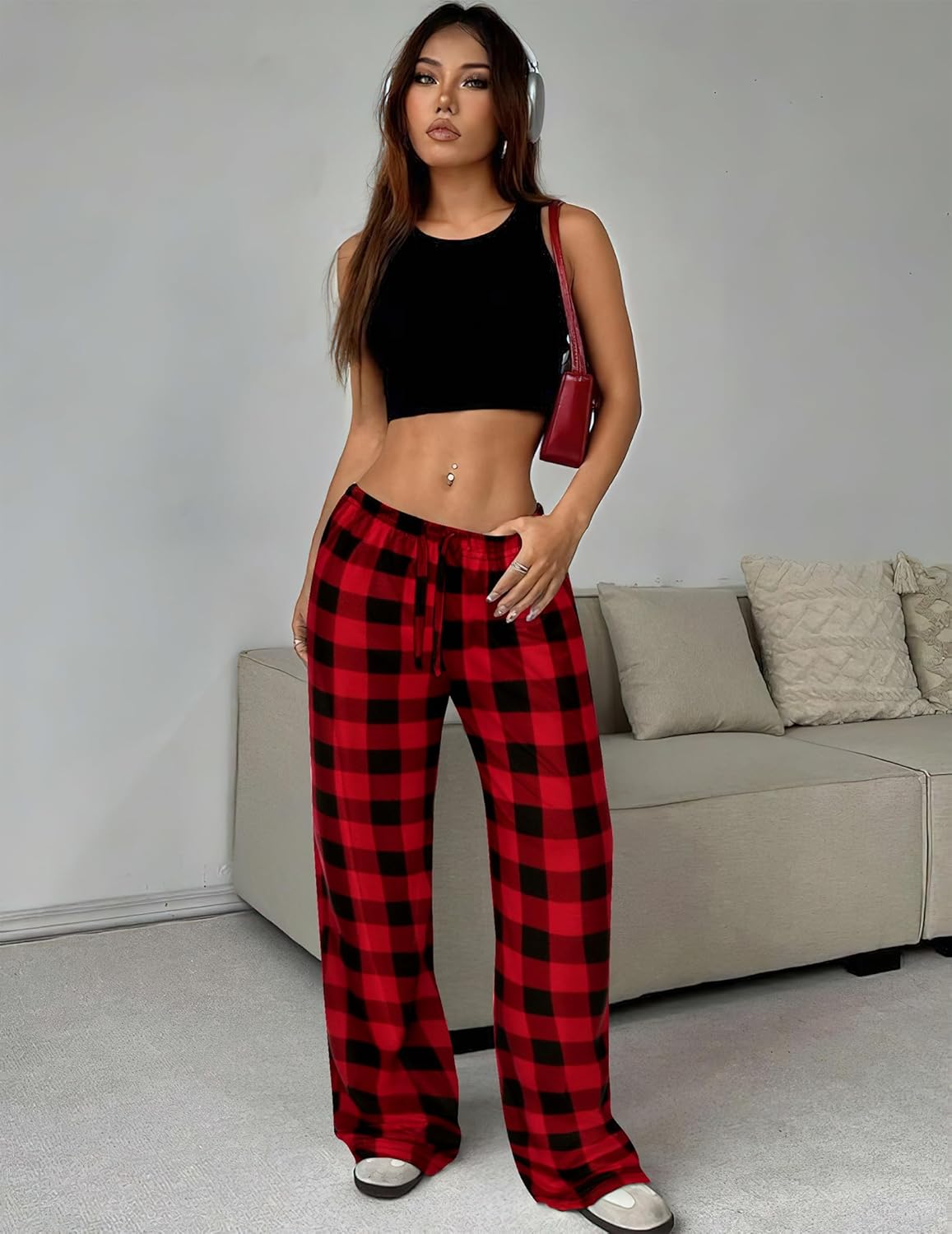 Ekouaer Schlafanzughose Damen Lang Pyjamahose Karierte Schlafhose Weich Freizeithose für Frauen Yogahose Strandhose mit Taschen und Kordelzug S-XXL - Image 3