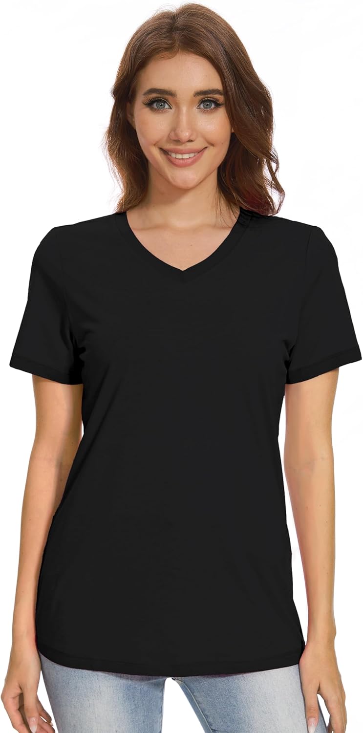 MAGCOMSEN T Shirts for Women Summer Tops Short Sleeve V Neck Shirts Casual Fashion Tees Soft UPF 50+ Shirt Black XL - Image 2