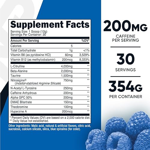 Miniatura 2 de Nutricost Polvo complejo pre-entrenamiento (30 porciones, frambuesa azul) - Suplemento pre-entrenamiento con beta-alanina, taurina y aminoácidos