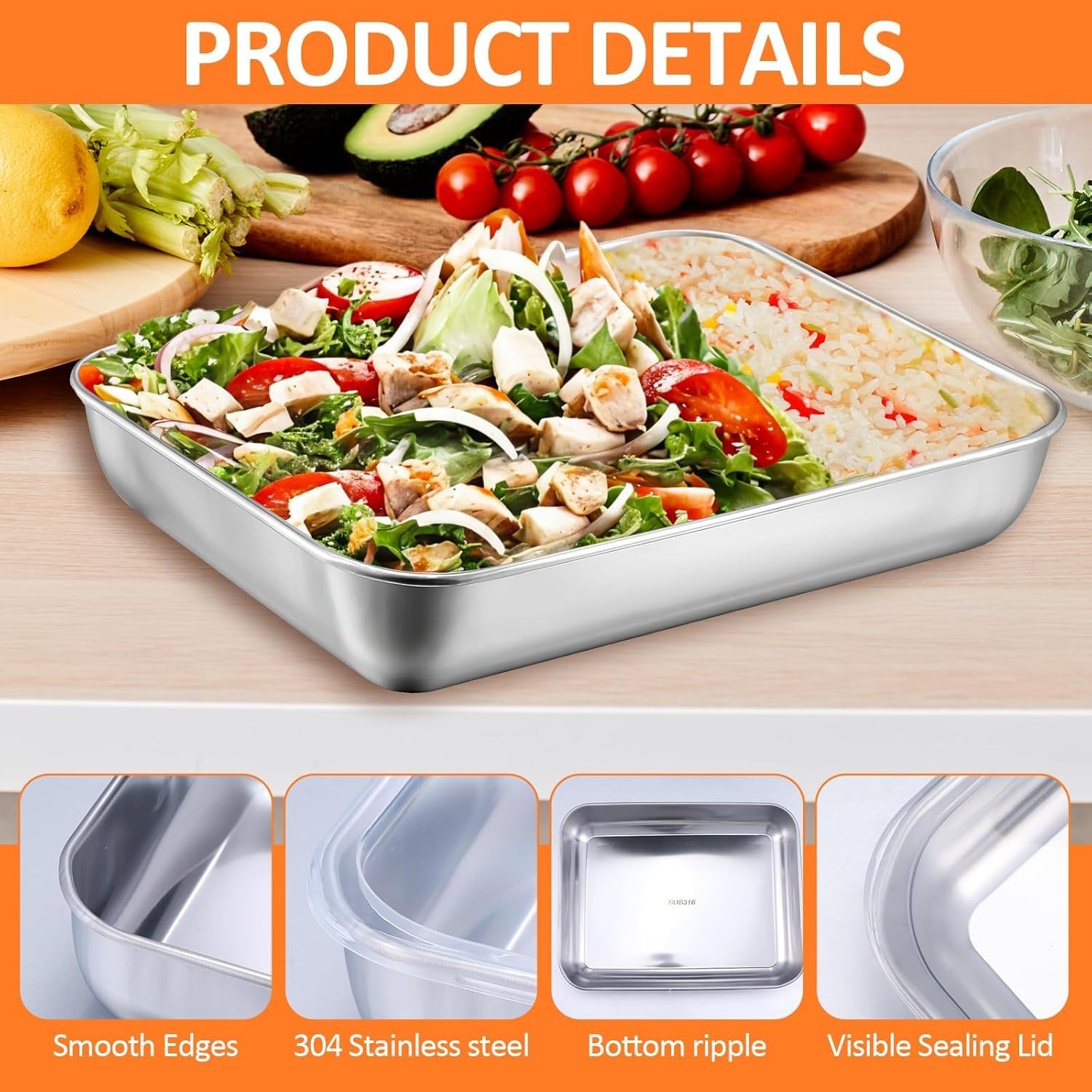 SHARUJA 2000ML Stainless Steel Food Storage Container with Transparent Lid | Airtight Leakproof Tray for Kitchen, Microwave, Freezer, Dishwasher Safe (Silver, Rectangle) (6) - Image 5 thumbnail