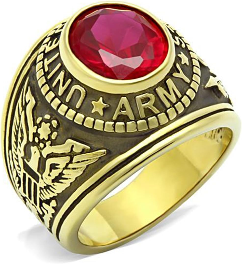 Drop of Silver Stainless Steel US Army Military Ring Gold Plated with Red Stone, Size 12