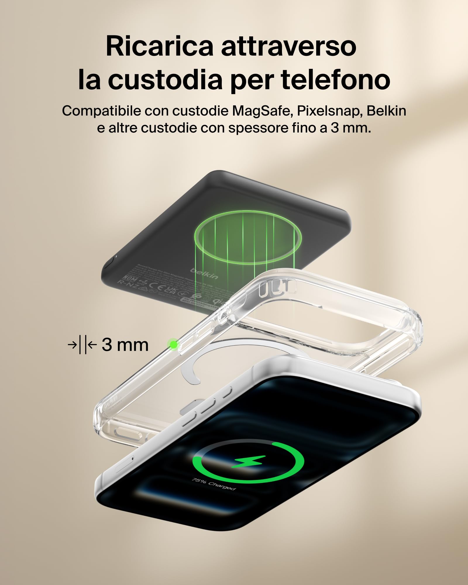 Belkin BoostCharge Power Bank Magnetico 5000mAh, Anello Magnetico - Nero | Caricatore Portatile 5000mAh Wireless, Certificato Qi2, Anello Magnetico per Aggancio, 1 USB-C, Pre-Caricato, Cavo Incluso