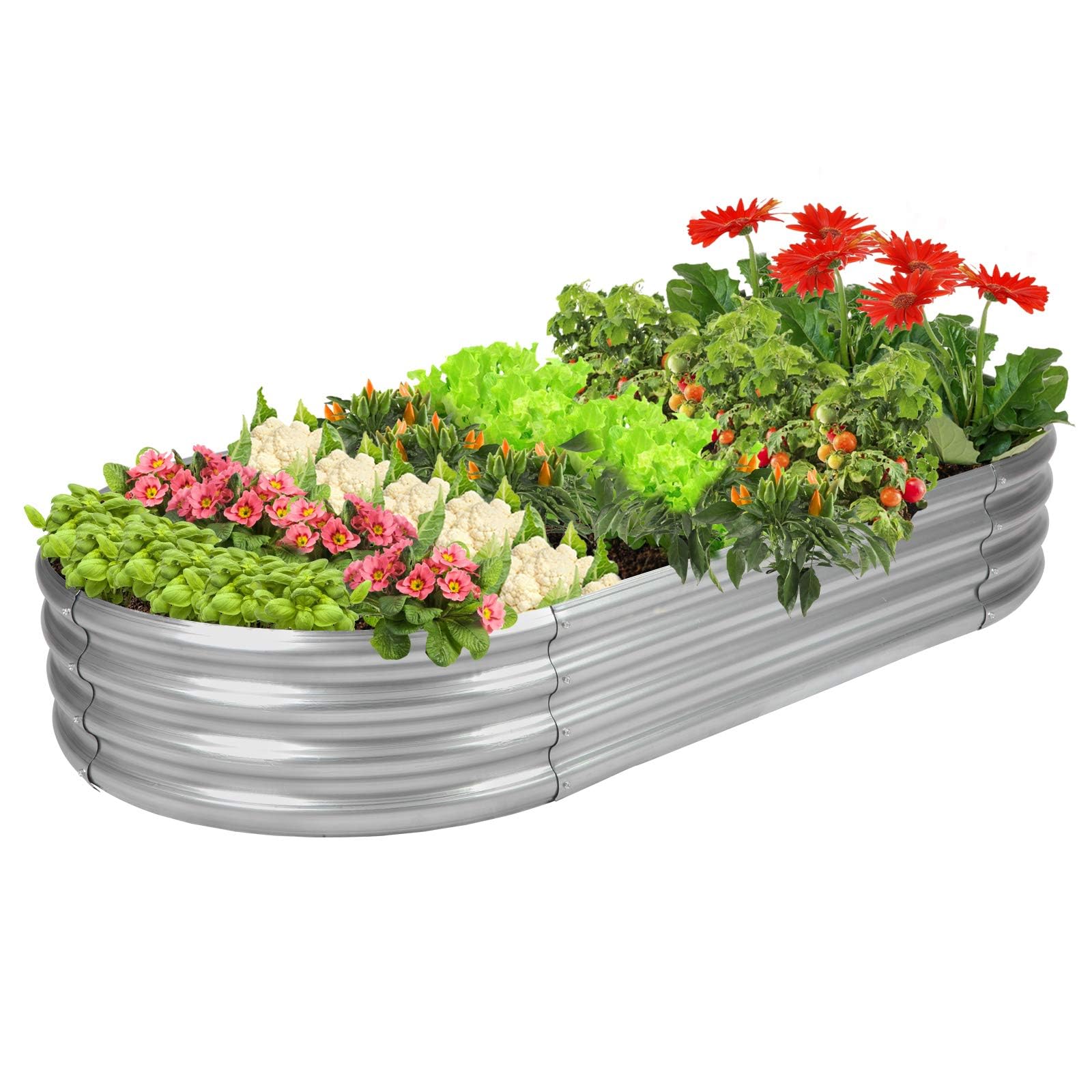 Rakukiri 5ft oval GRS-certified galvanized raised garden bed in silver, rust-resistant powder-coated finish