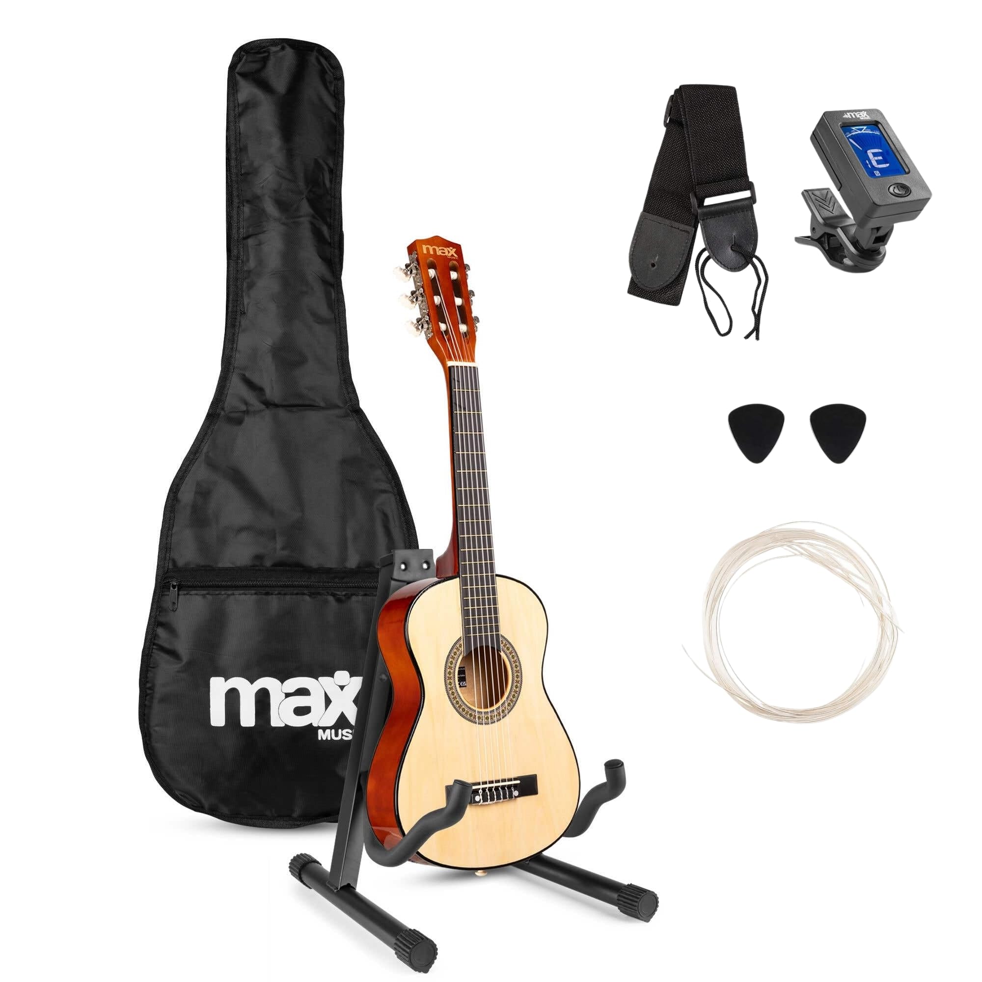 MAX SoloArt - 1/4 Gitarre Kinder ab 3 Jahre - Akustik Gitarre inkl. Gitarrenständer, Tasche, Plektrum, Gurt und Saiten-Zubehör, Kindergitarre 3 Jahre - Guitar in Holz