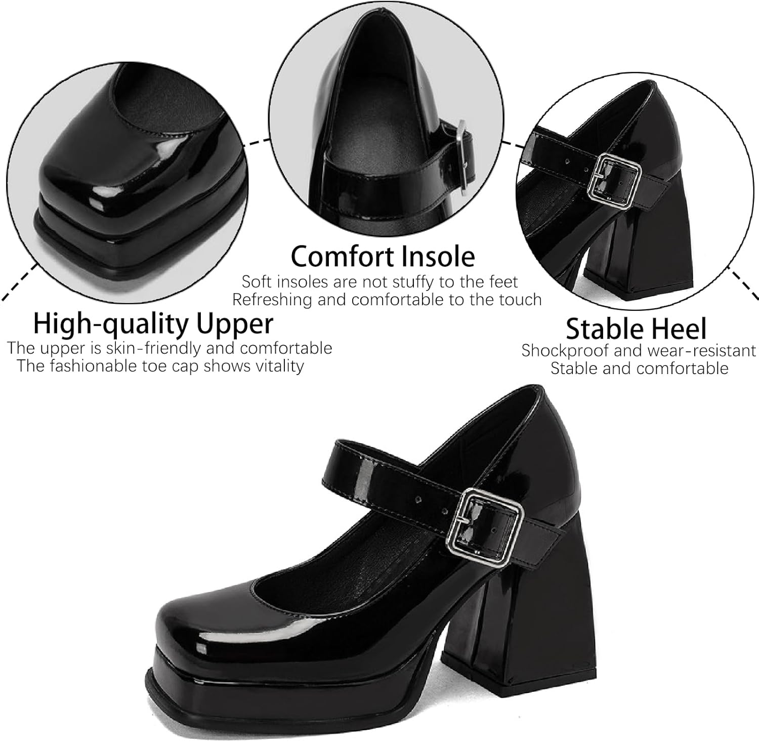 Women's Patent Leather Platform Mary Janes Pumps with Adjust Buckle Strap Fashion Comfort Square Toe Chunky High Heels Uniform Lolita Dressy Shoes for Party Date Wedding - Image 4