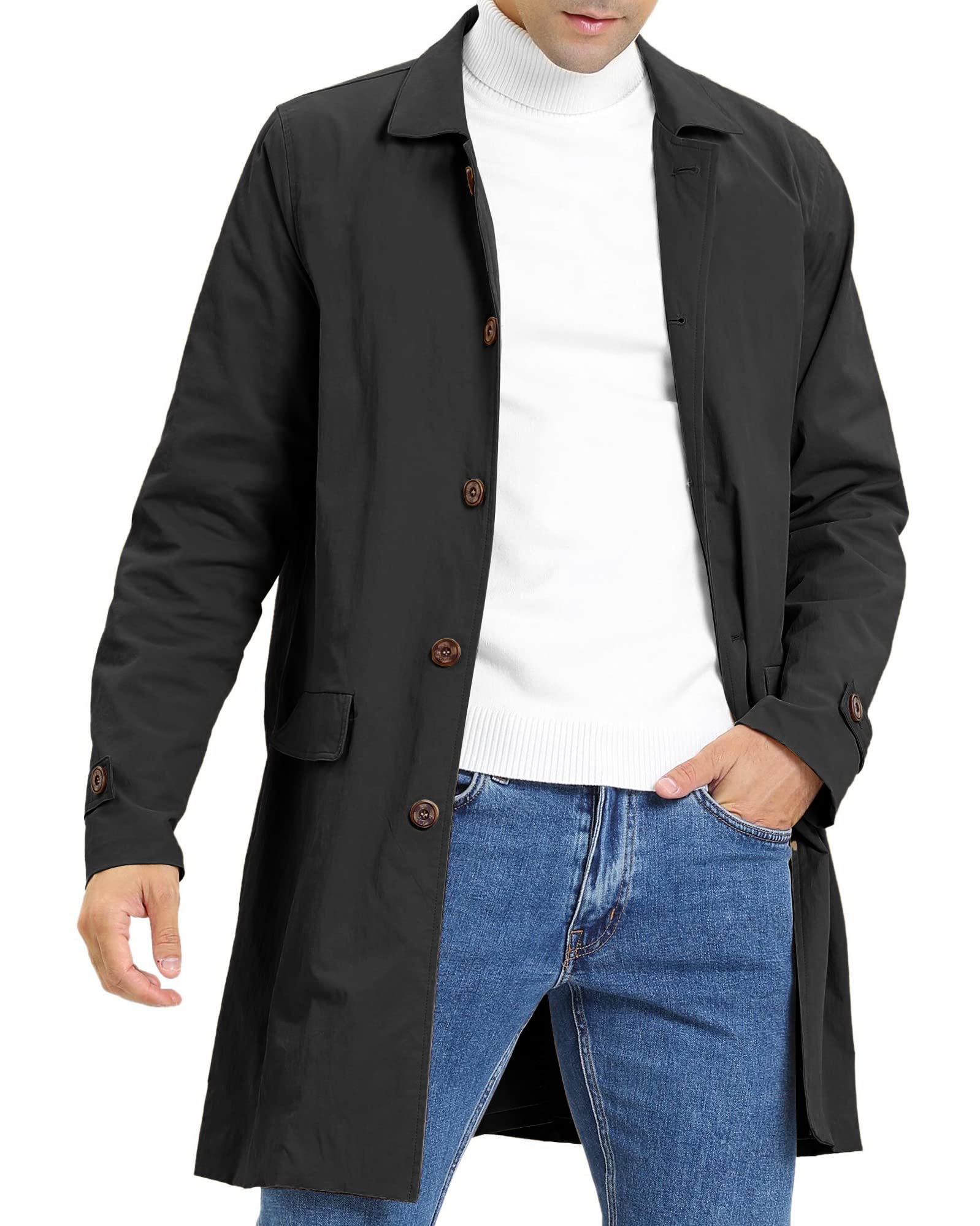 Gabardina para hombre de un solo pecho largo con solapa ligera para otoño e invierno chaqueta de entretiempo