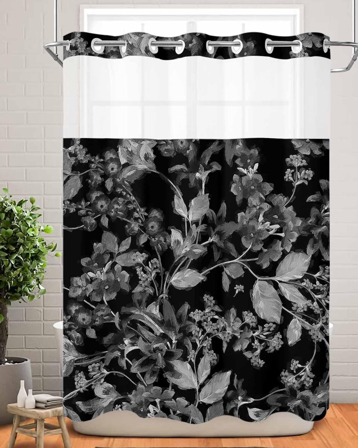 ALAGEO Shower Curtain with Snap-in Fabric Liner Set Black Floral No Hook Shower Curtain with Mesh Top Window White Flower Shower Curtains Waterproof 72x84