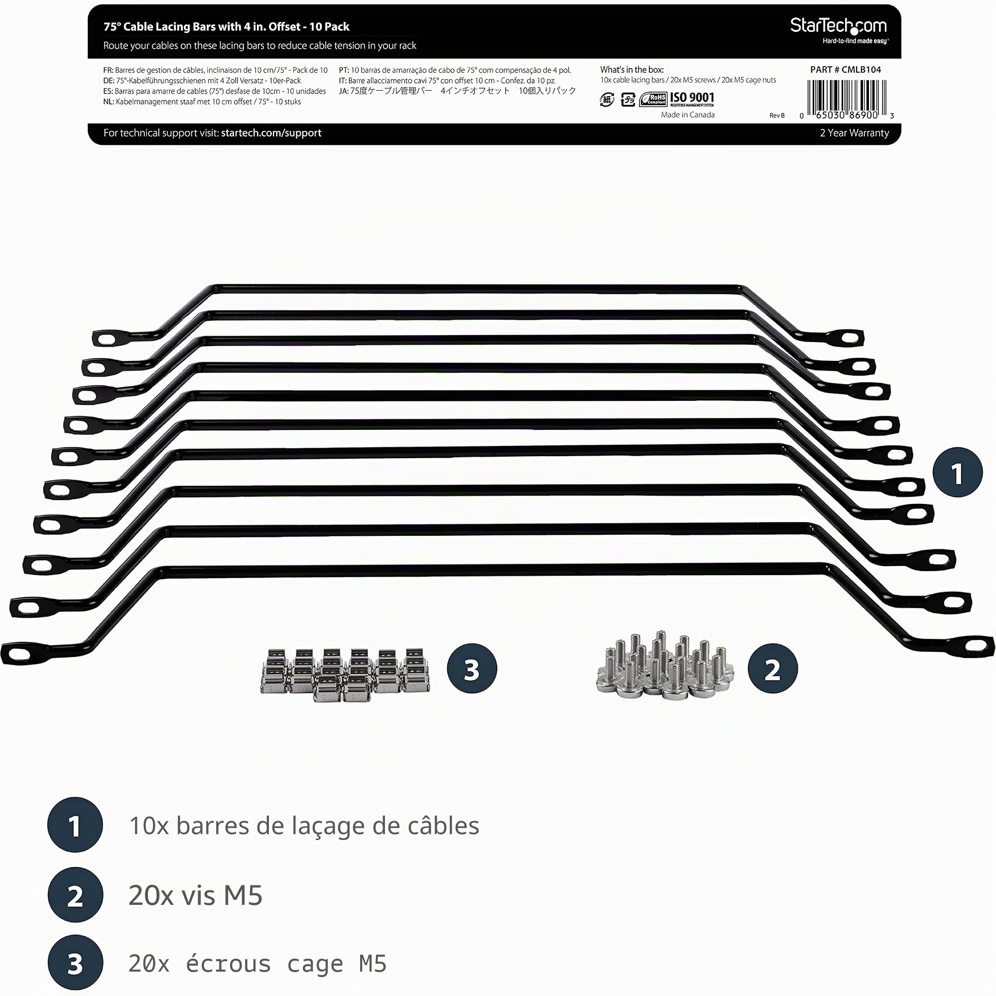 StarTech.com Barre de Gestion de Câbles - Organisateur Horizontale de Câbles pour Datacenters/Rack Informatique/Rack Serveur/Rack Réseau - Barre de Laçage pour Rack - 10 pcs (CMLB104)