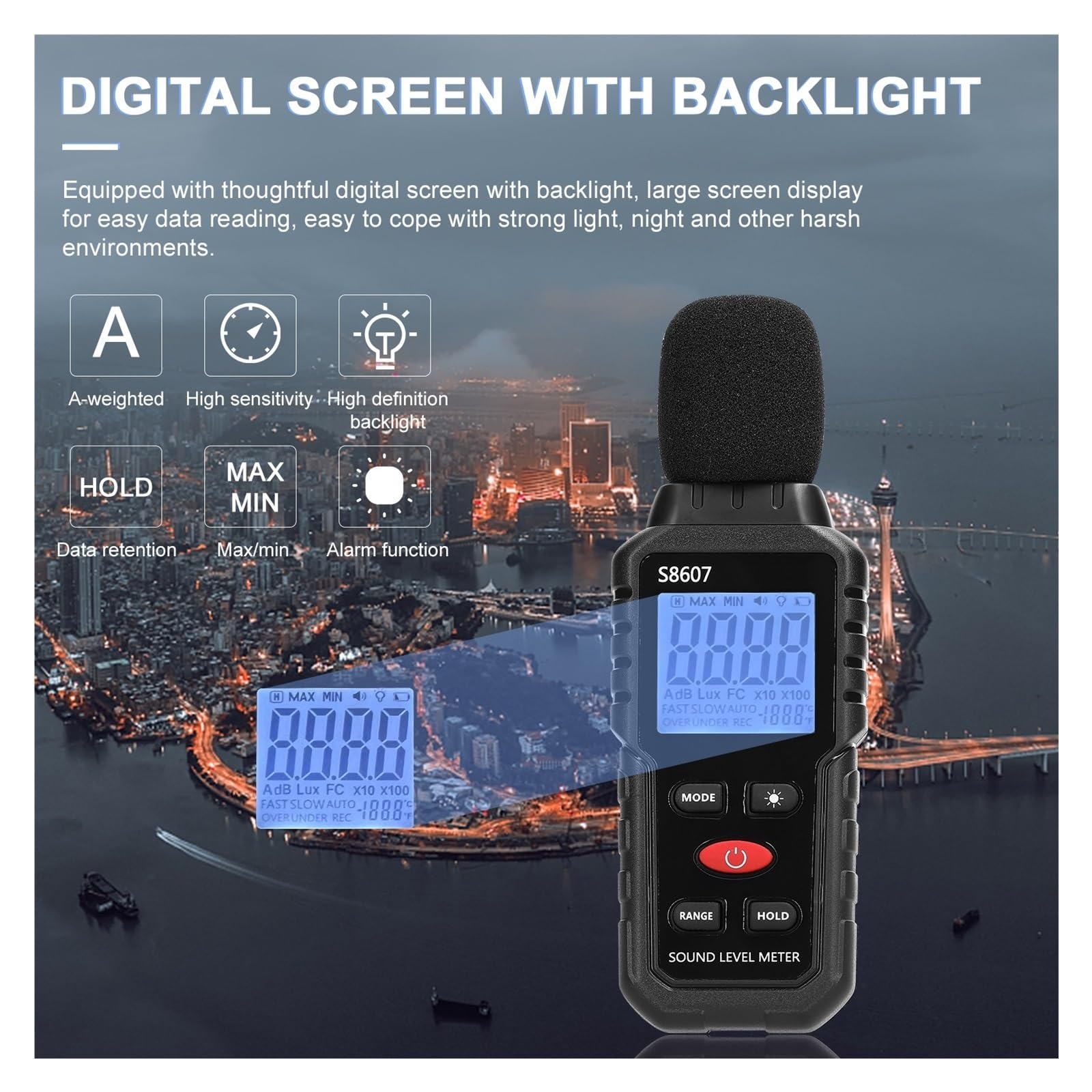 Un Rilevatore Di Rumore Ponderato 30-130dB Mini Dispositivo Monitoraggio Decibel Fonometro Ad Alta Precisione Display Digitale Con Retroilluminazione Precisione Estremamente Elevata
