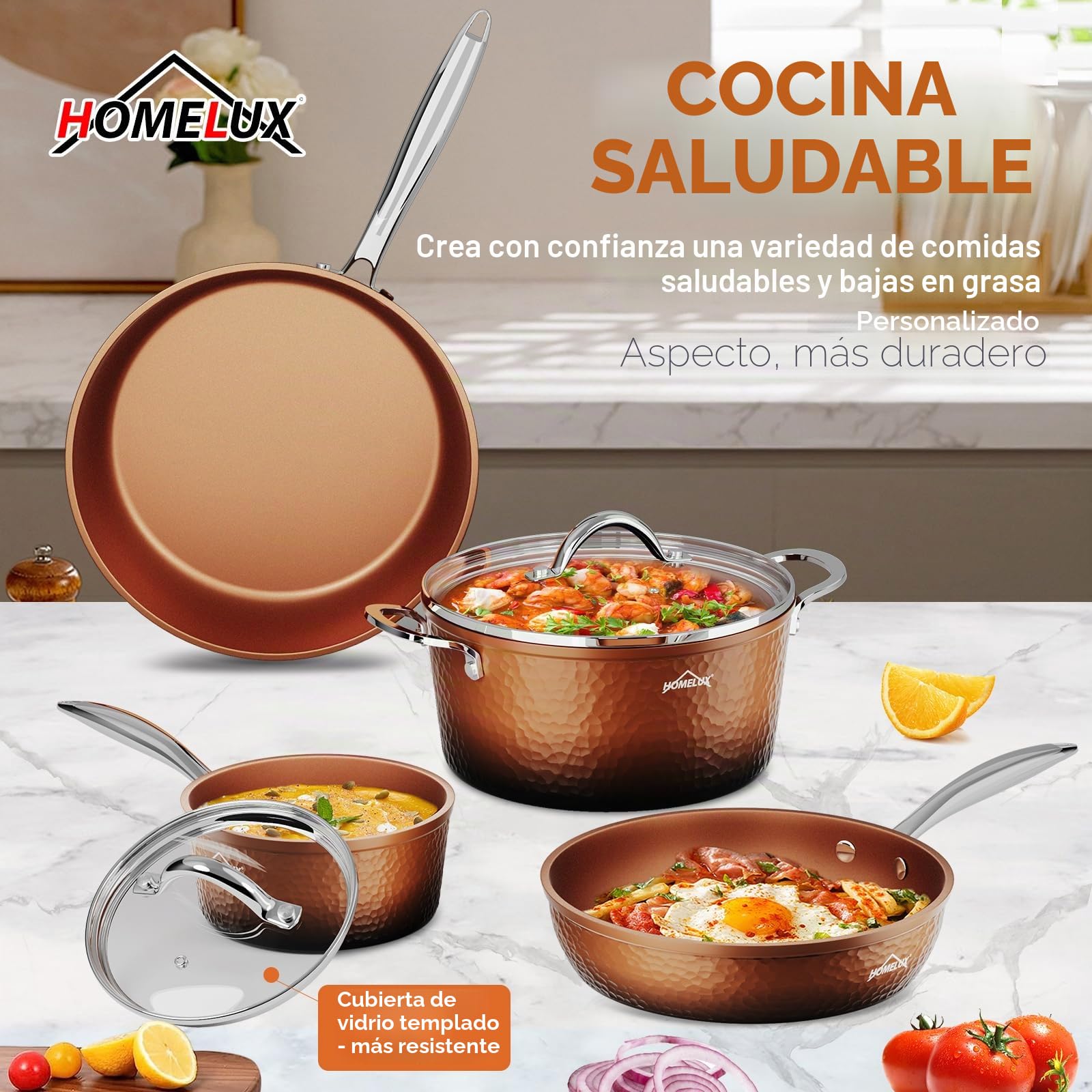 HOMELUX Batería de Cocina Antiadherente, Cobre, Induccion, Juego de Ollas y Sartenes 6 Piezas, con Tapa, Tecnología de Forja, para Todas las Cocinas, Sin PFOA/PFOS/BPA | Utensilios de cocina forjados, para todo tipo de cocinas, degradado en tonos marrones