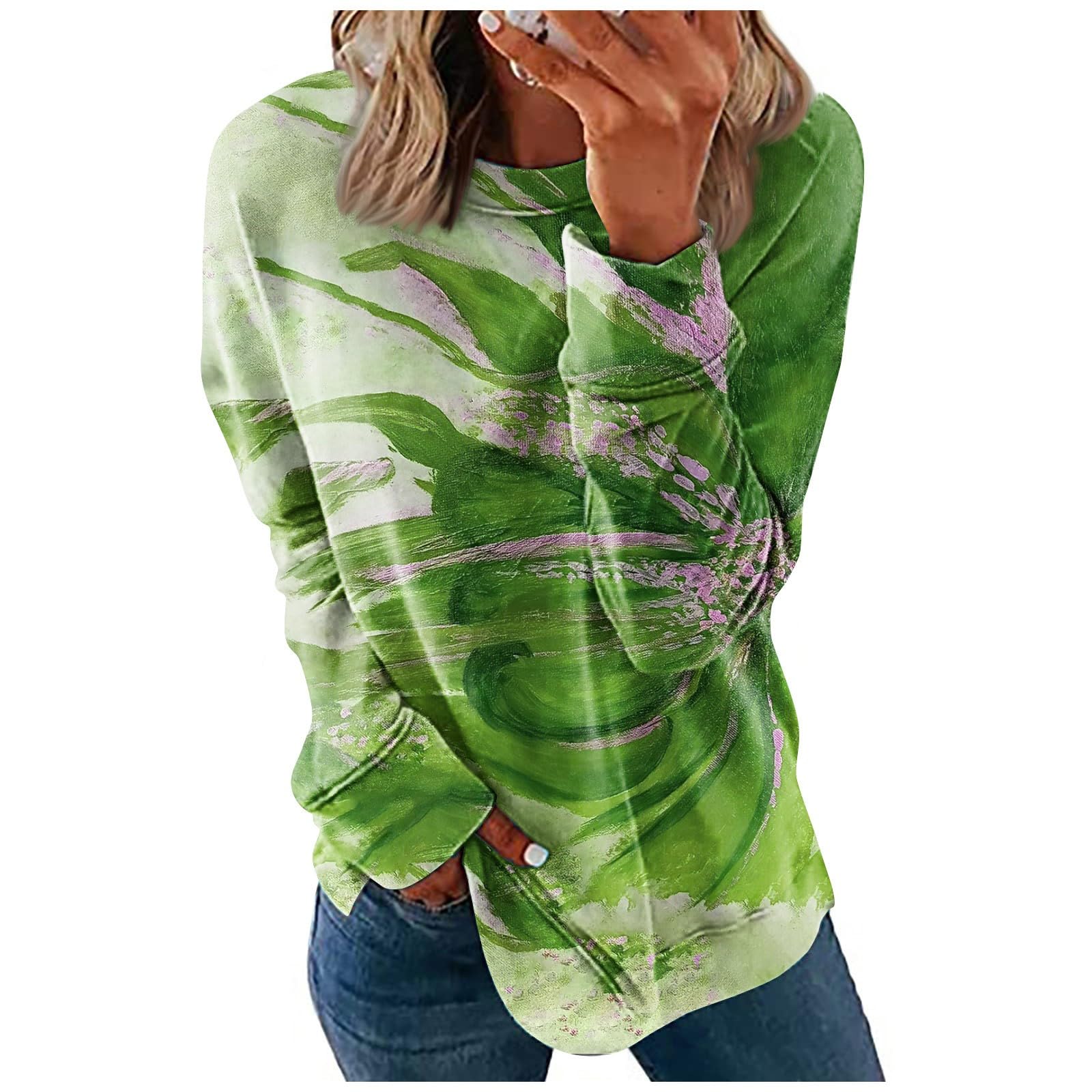 Kenvina Fall Long Sleeve Shirts for Women O Neck Sweater Tops Casual Blouse Loose Trendy Shirt Printed Sweatshirts Pullover